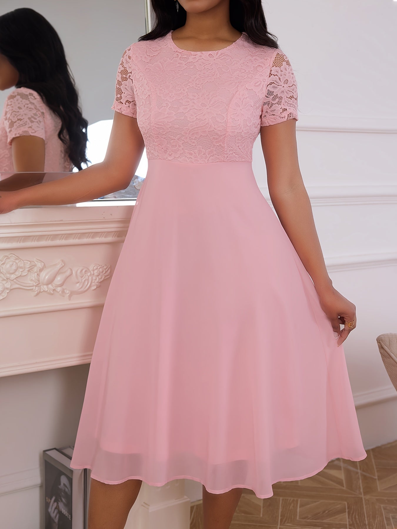 Polyester Elegant Pink Lace Midi Dress