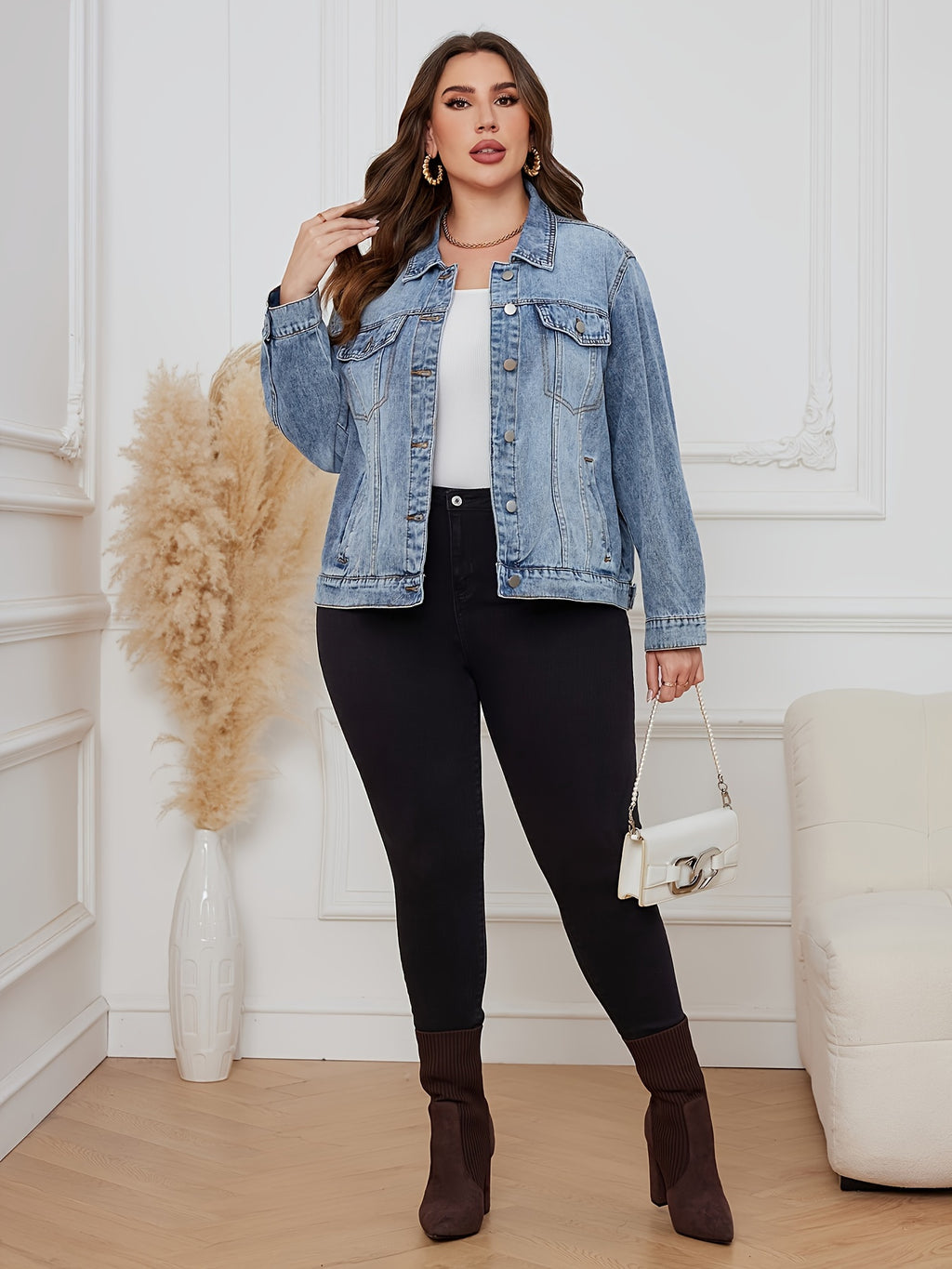 Plus Drop Shoulder Denim Jacket for Women