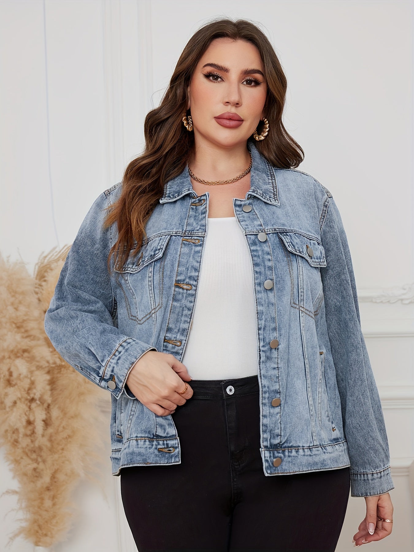 Plus Drop Shoulder Denim Jacket for Women
