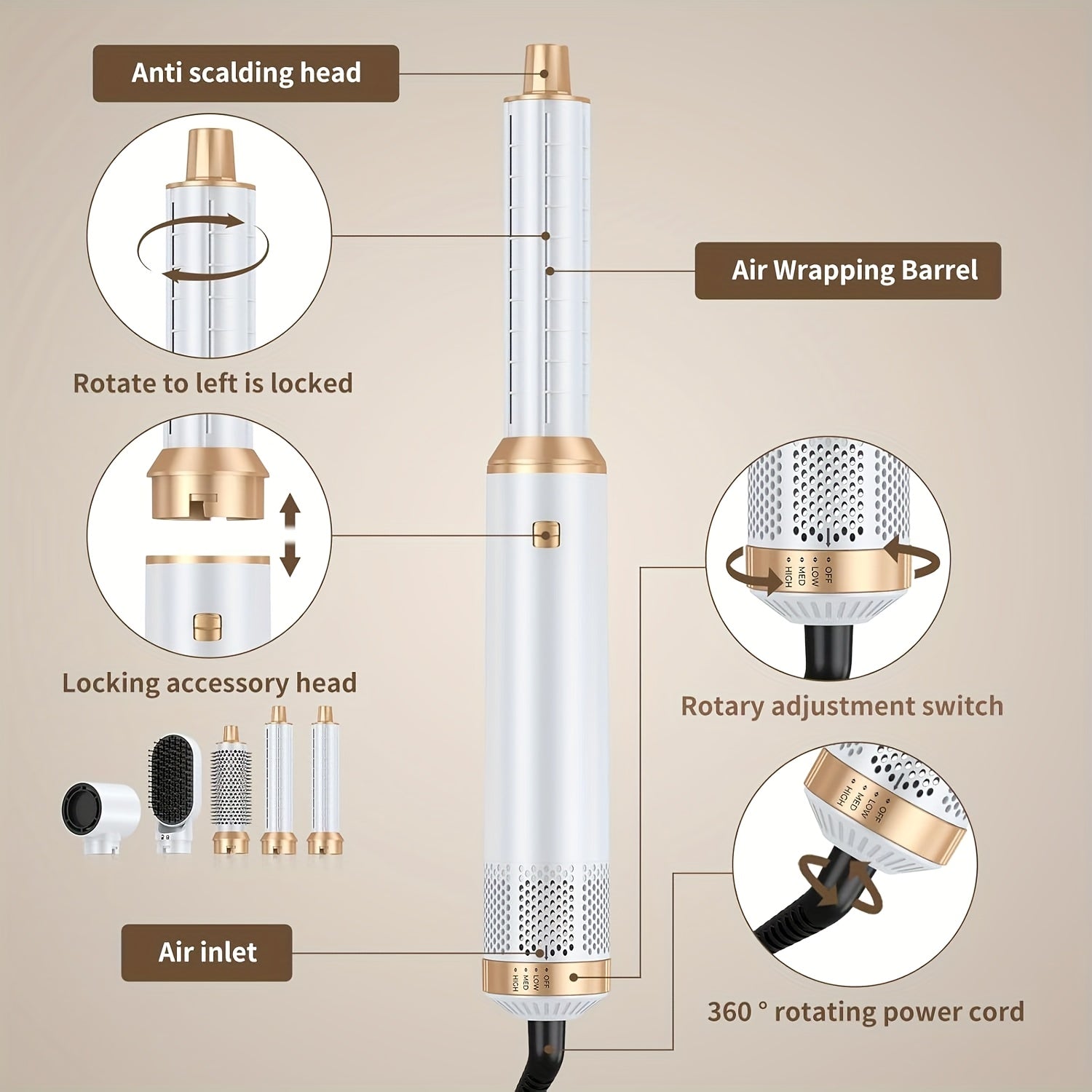 5in 1 Hot Air Brush Hair Styler Detachable Straightener Comb Curler