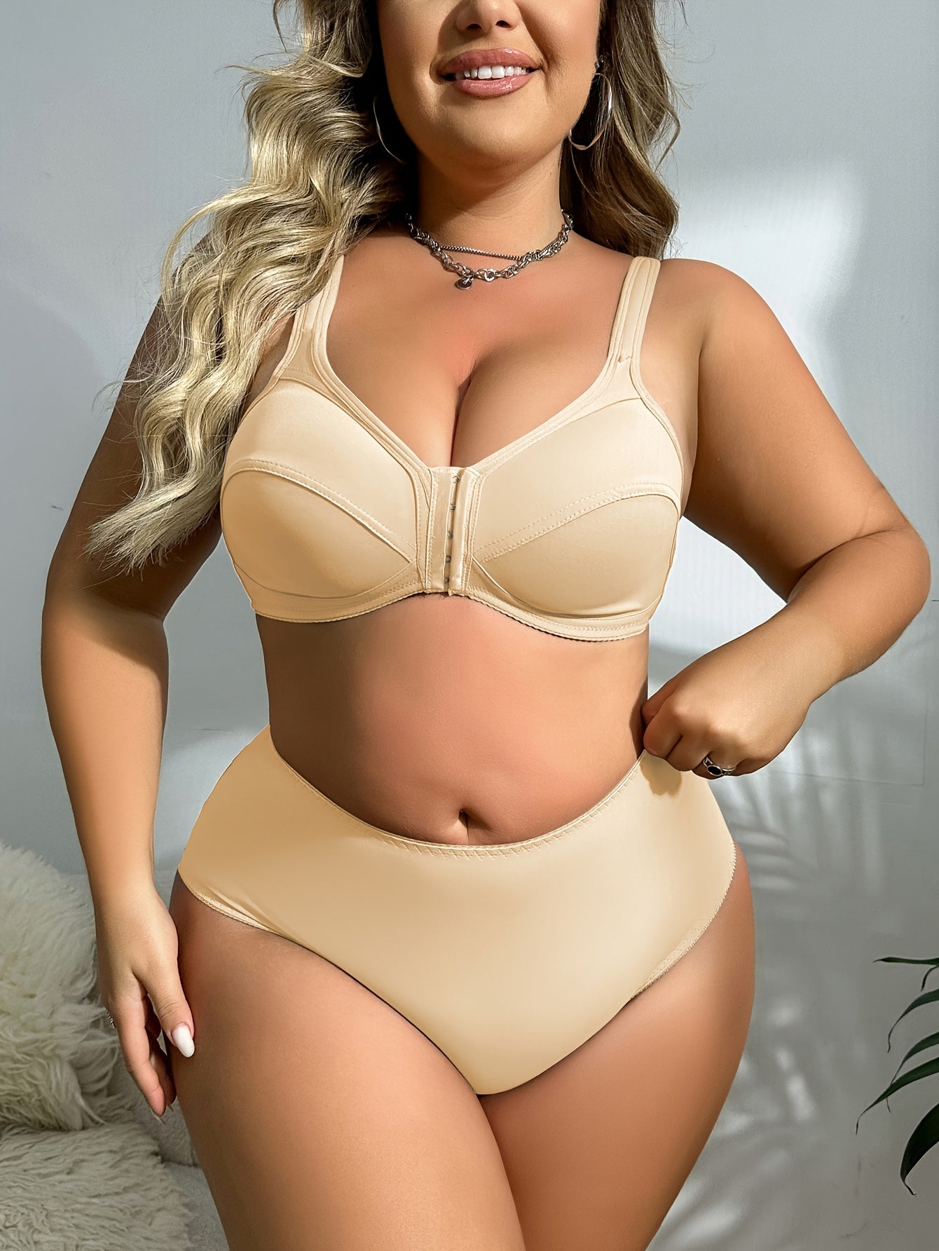 Plus Size Solid Color Non-Wired Front Opening Bra and Panty Set-2025#Set
