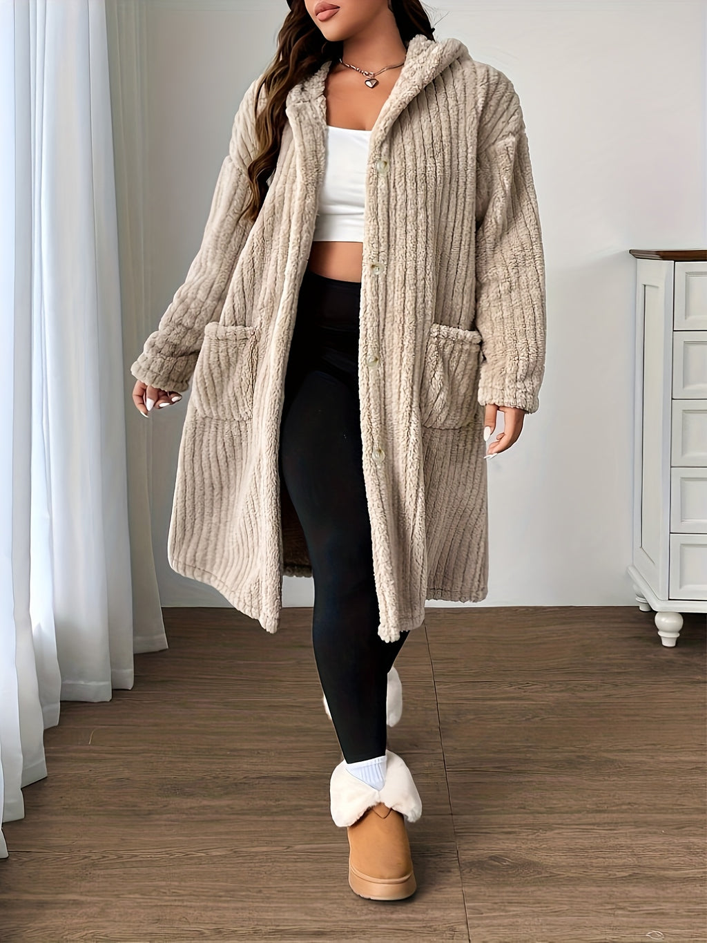 Plus-Size Women's Hooded Long-Sleeve Plush Coat