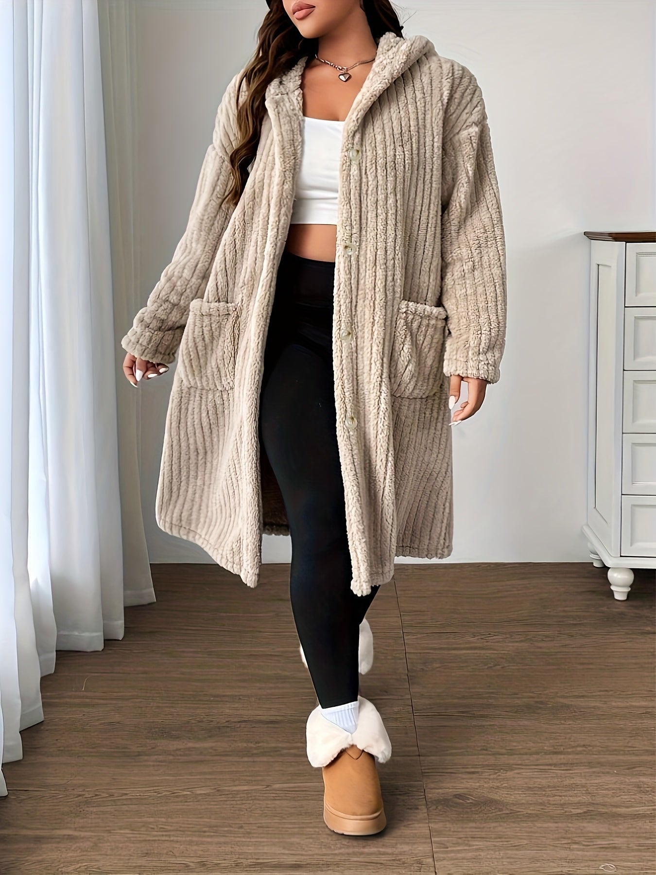 Plus-Size Women's Hooded Long-Sleeve Plush Coat