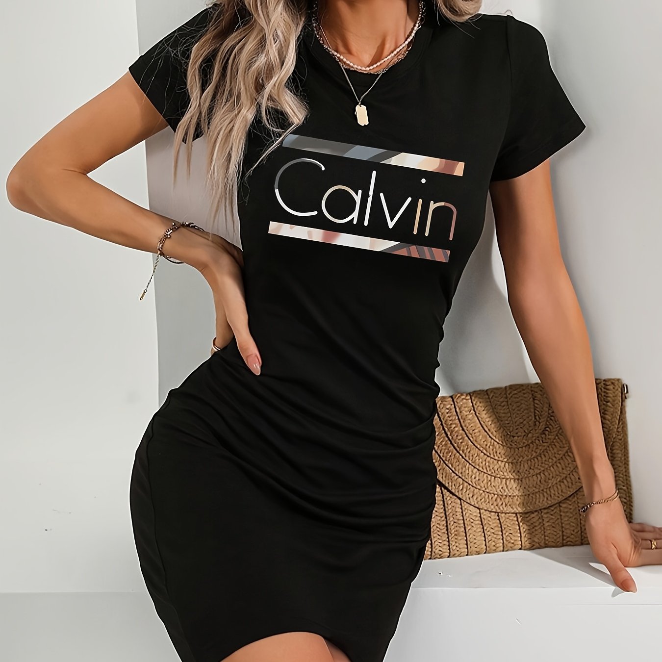 Calvin Art Print Bodycon Dress - Stylish Black, Slim-Fit, Stretchy Polyester Blend, Round Neck, Knee-Length, Perfect for Spring/Summer, Spring