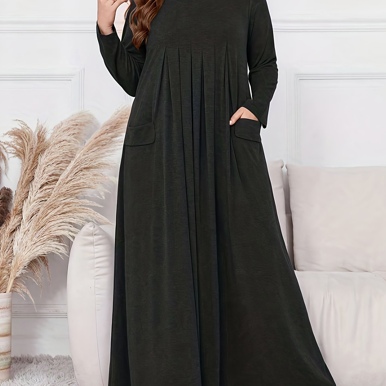 Elegant Plus Size Women's Long Sleeve Maxi Dress - Loose Fit