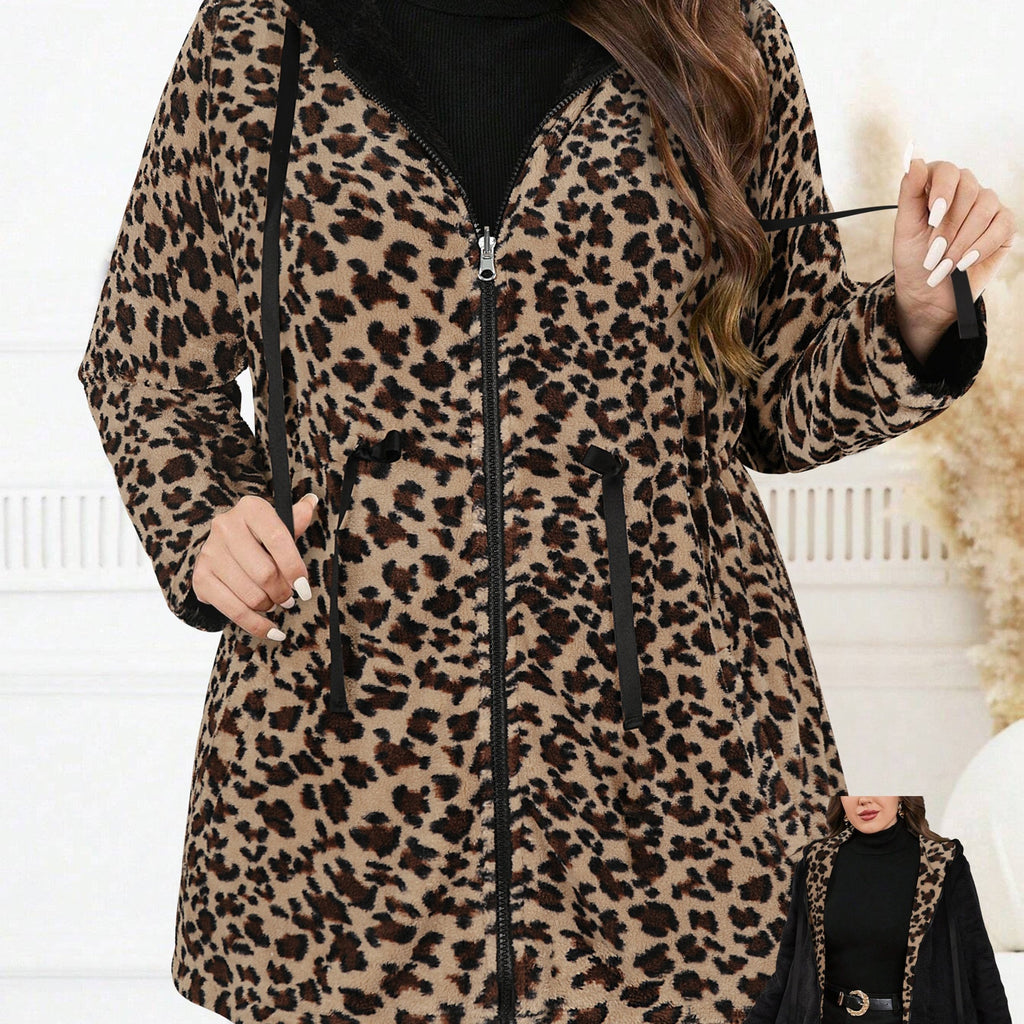 Plus Size Oversized Reversible Leopard Print Fleece Hoodie for Women