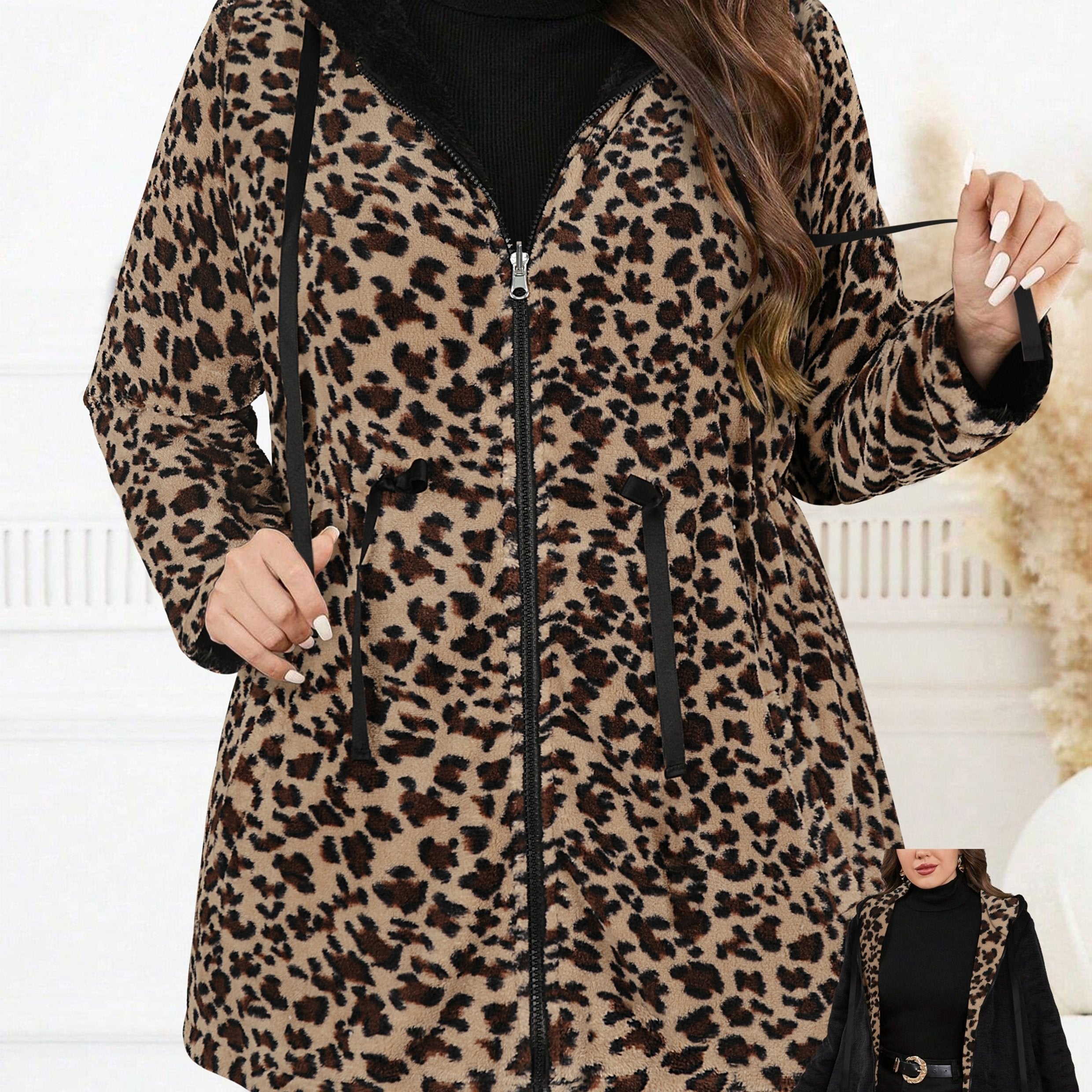 Plus Size Oversized Reversible Leopard Print Fleece Hoodie for Women