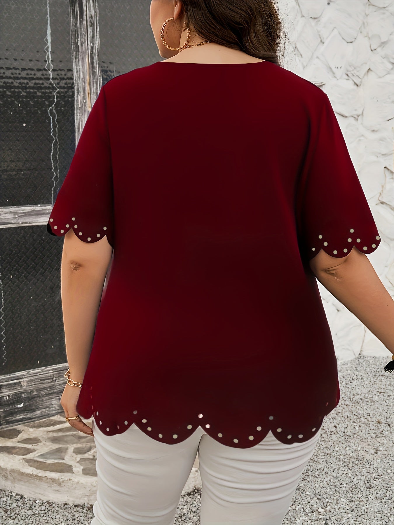 Elegant Burgundy V-Neck Blouse with Cut-Out Floral Embellishments