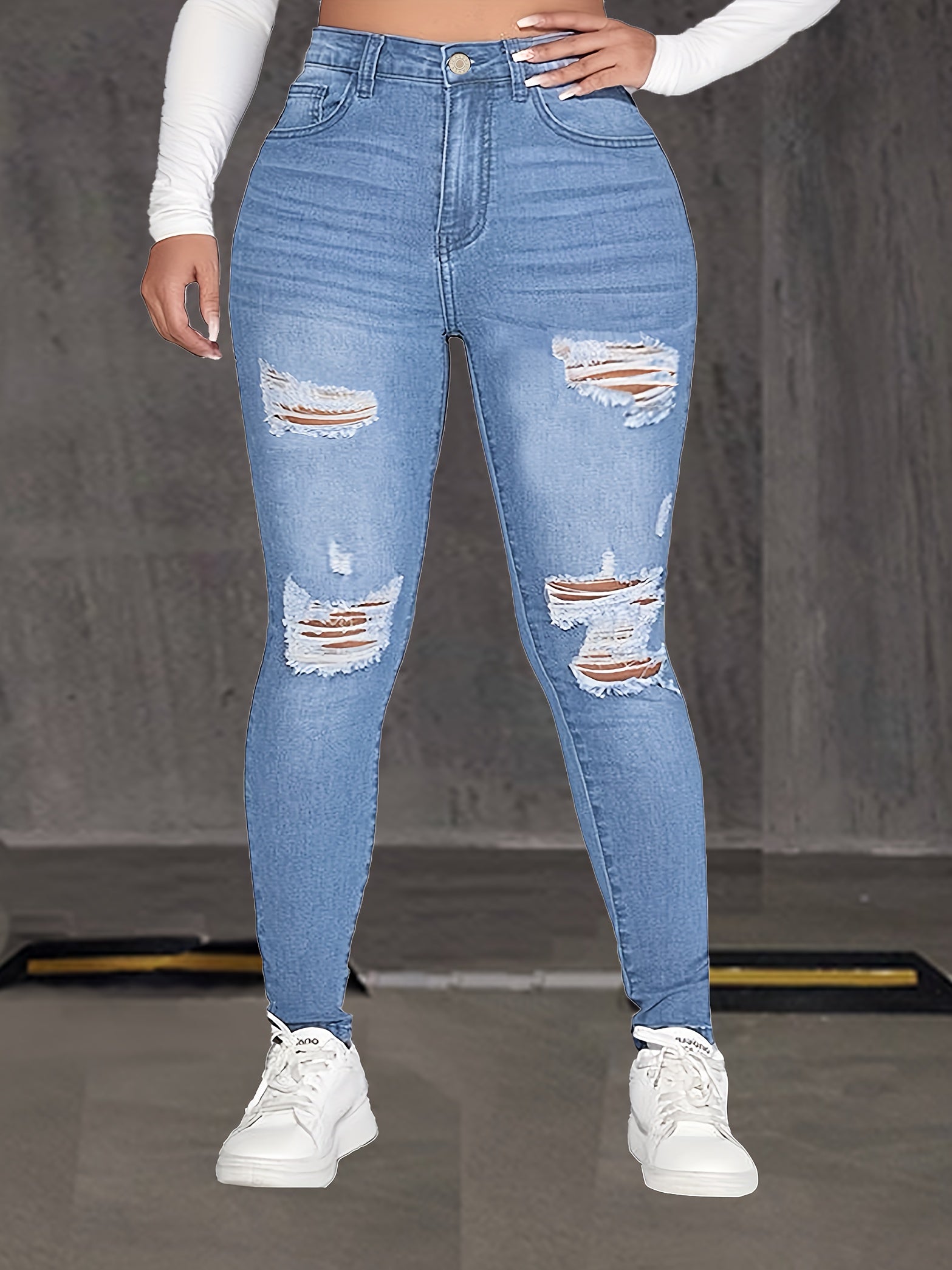 Women's Plus Size Light Blue Distressed Stretch Skinny Jeans - High-Waisted, Button Closure