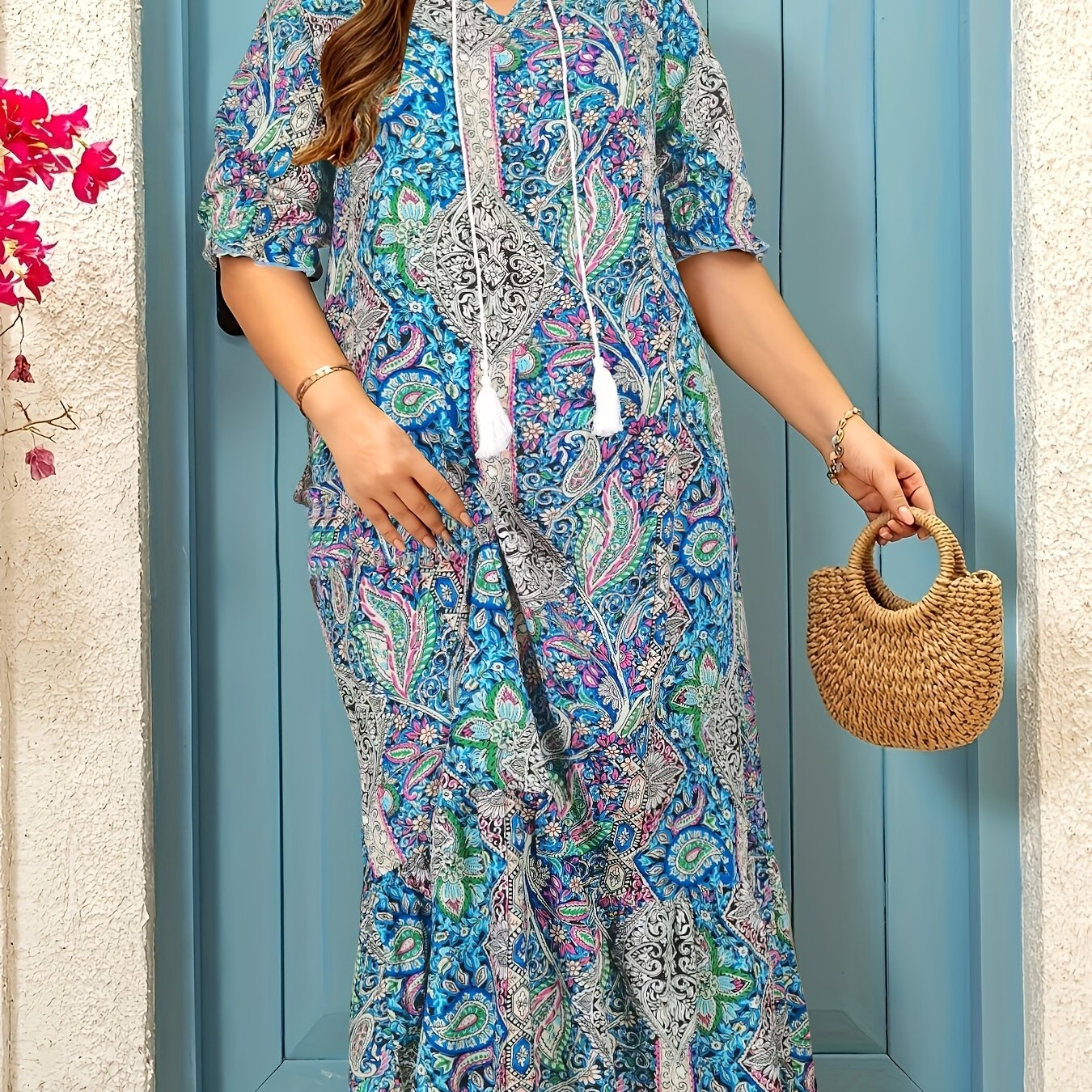 Plus Size, Full-body print dress with ruffled cuffs and hem