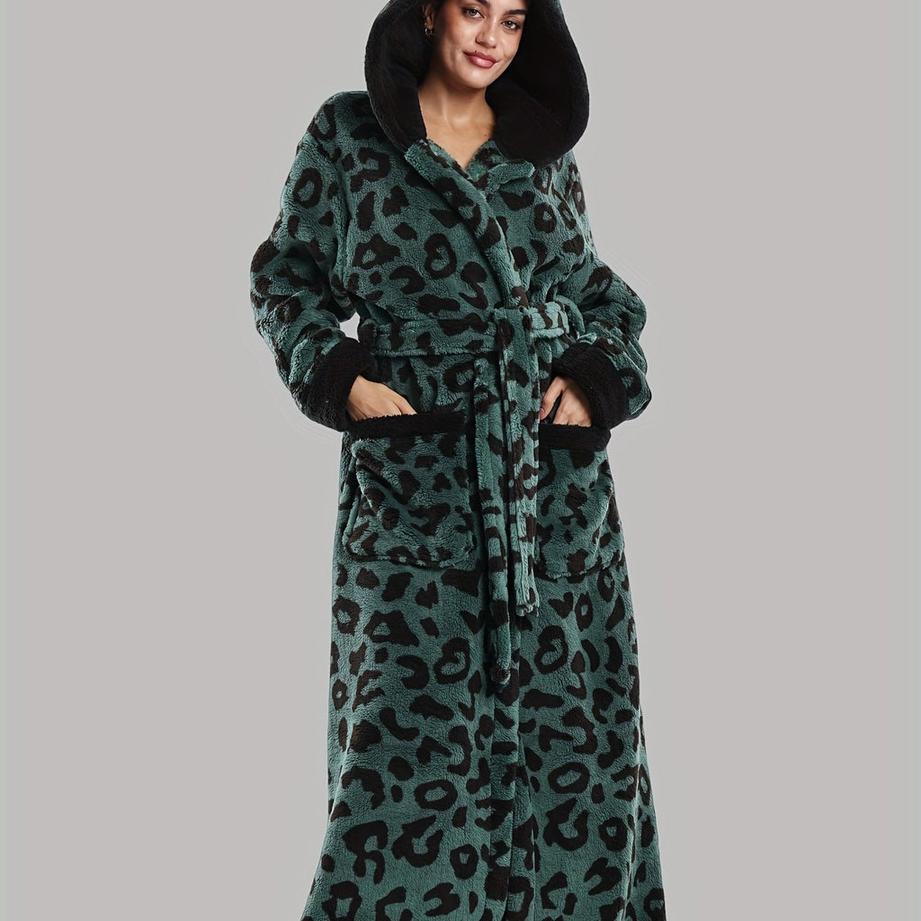 Leopard Print Series - Women's Autumn and Winter - Long Sleeve Hooded Bathrobe