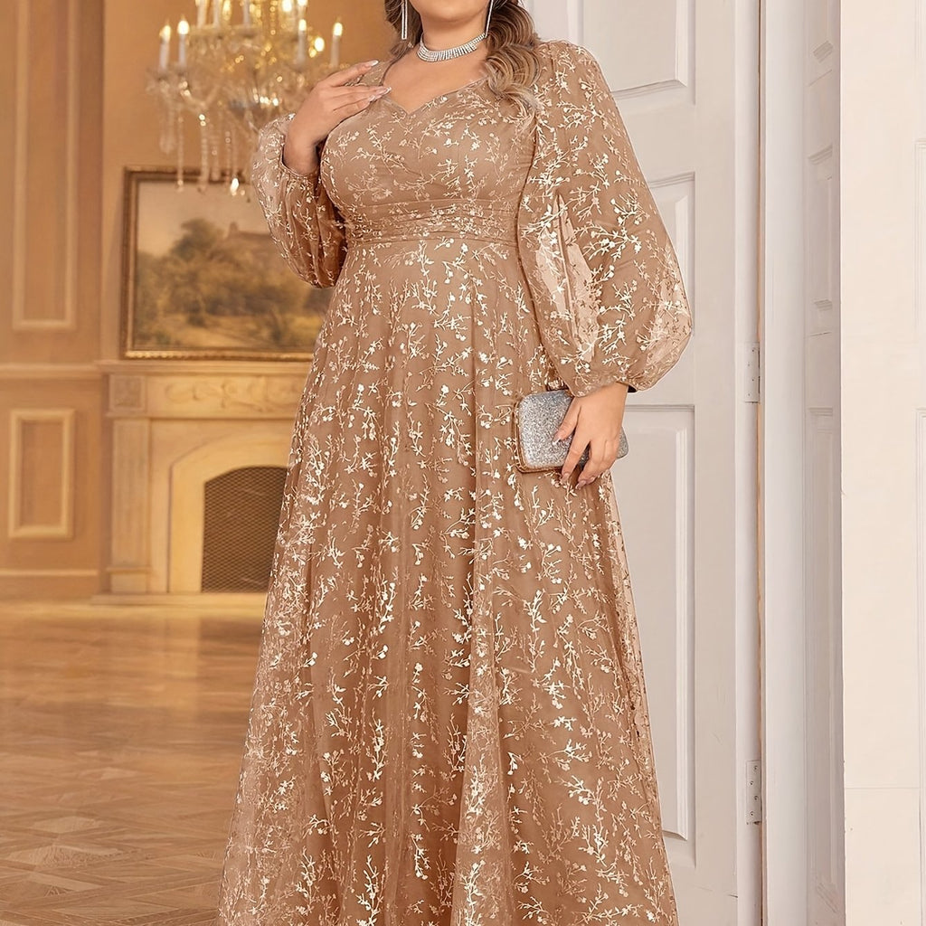 Plus Size, Plus Size Women's Golden Foil Floral Mesh Sweetheart Neck Lantern Sleeve