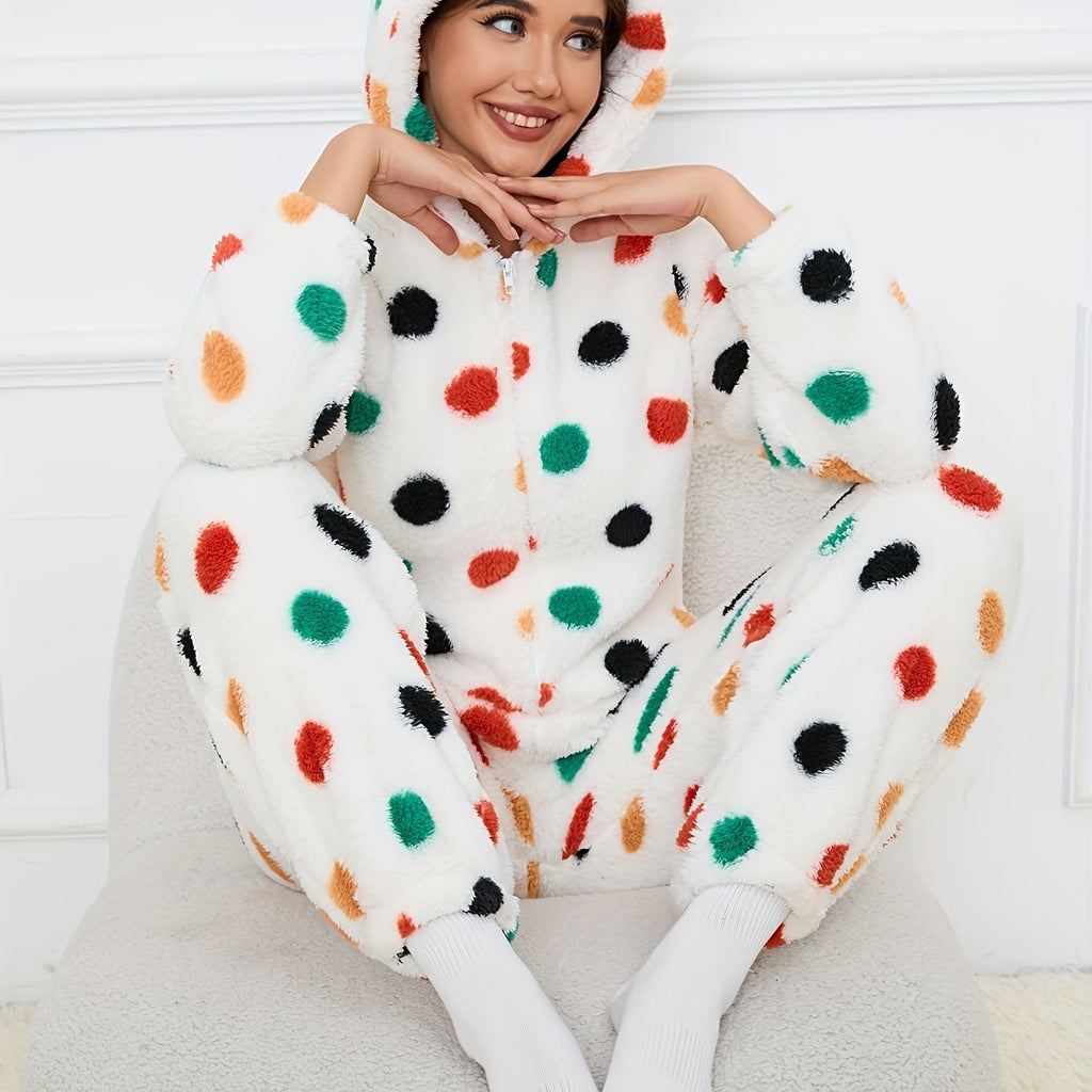 Bear Pattern Zip Up Hooded Fuzzy Jumpsuit, Elegant Long Sleeve Jumpsuit For Fall & Winter