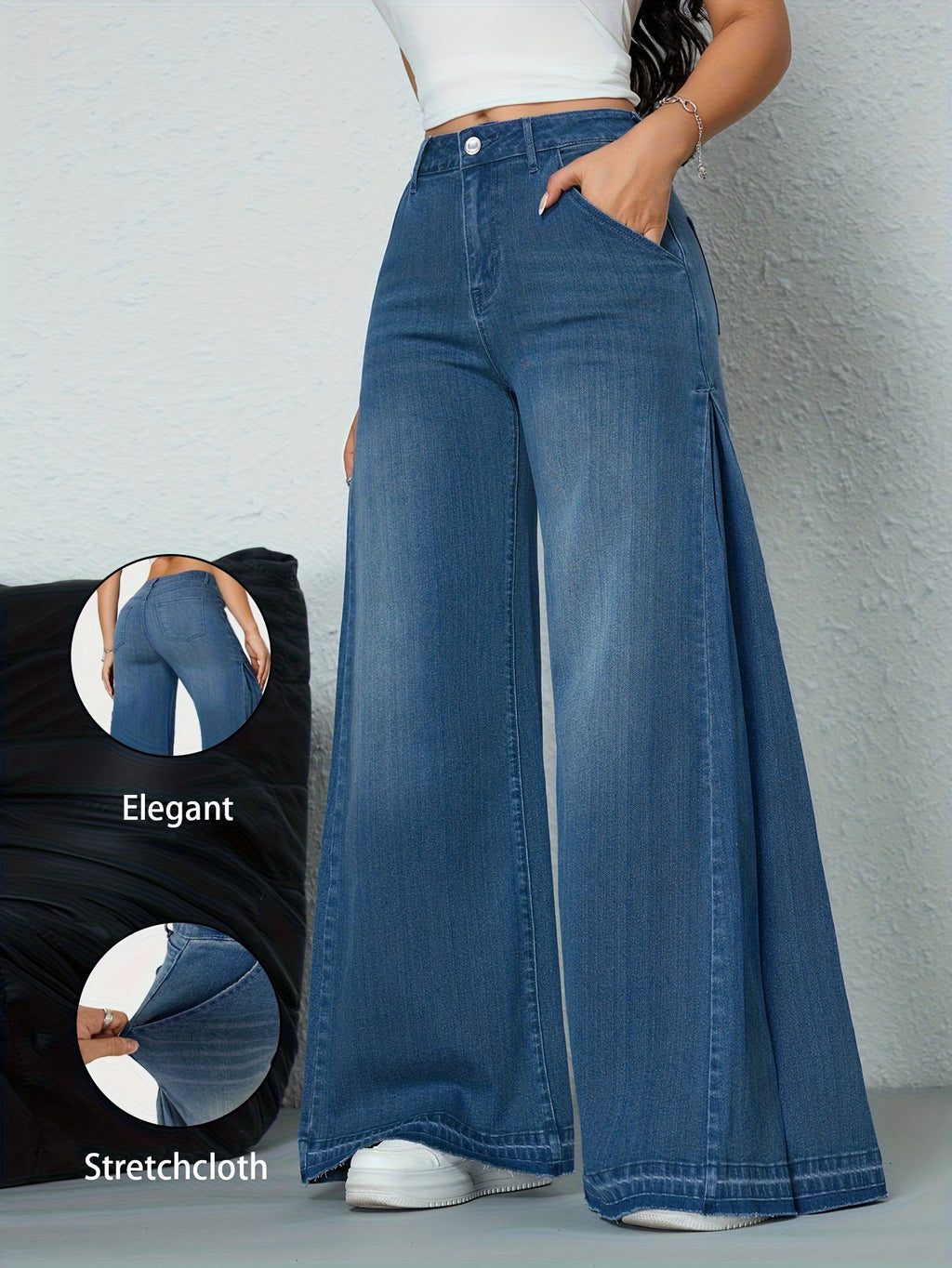 Elegant Casual Wide Leg Jeans High Waist, Stretchy, Boot Cut, Long Length