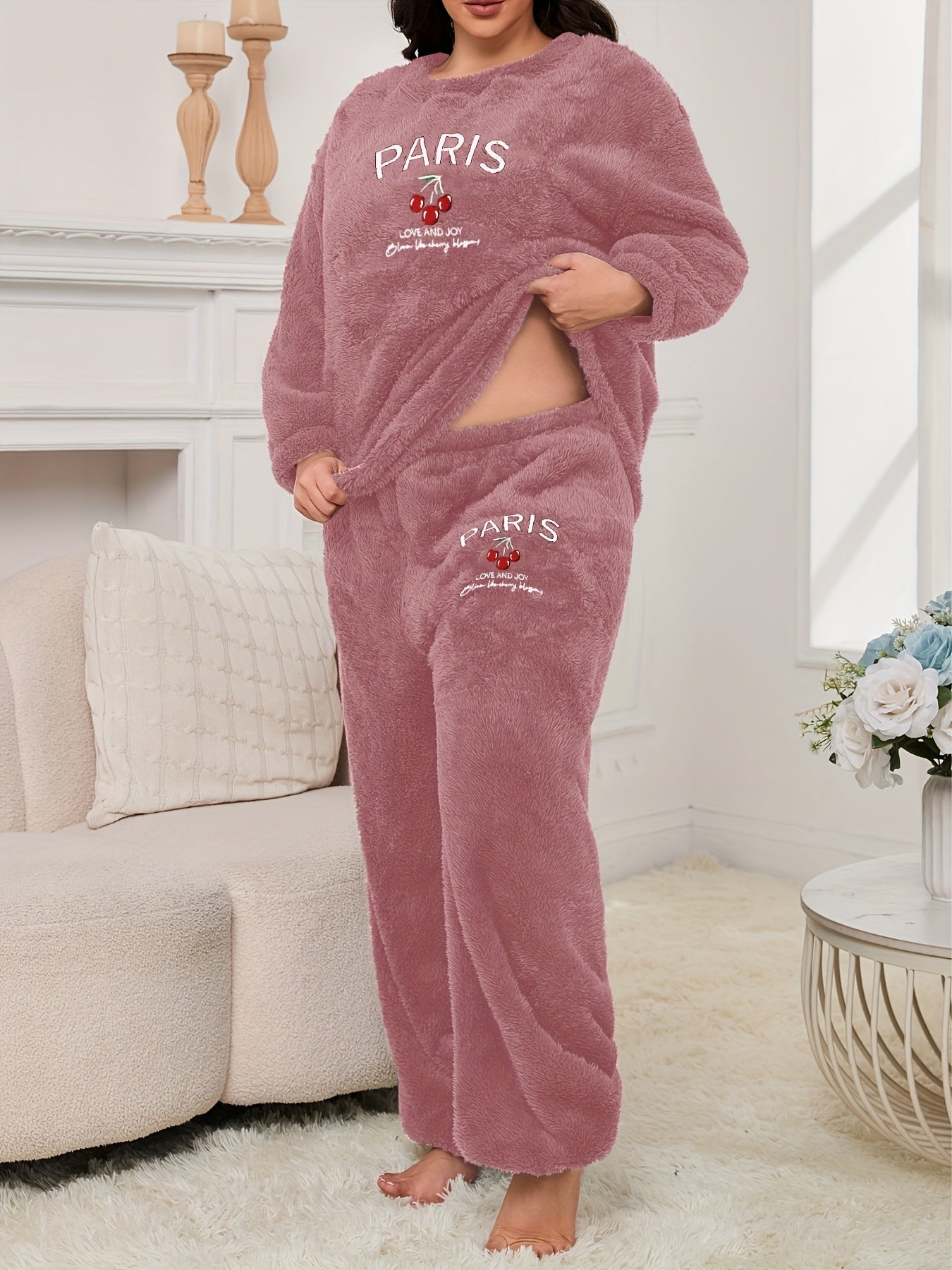 Women's Pajama Set with Letter and Cherry Print, Thickened Warm
