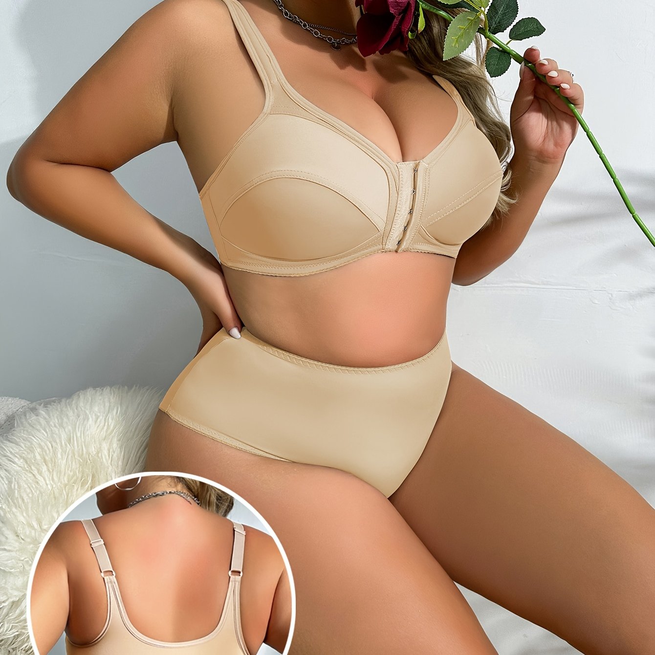 Plus Size Solid Color Non-Wired Front Opening Bra and Panty Set-2025#Set