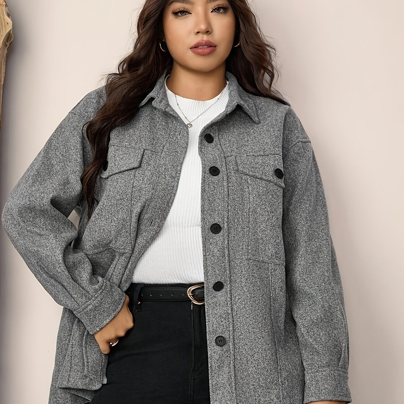 Plus Size Women's Casual Drop Shoulder Flap Pocket Shirt Mid-Weight