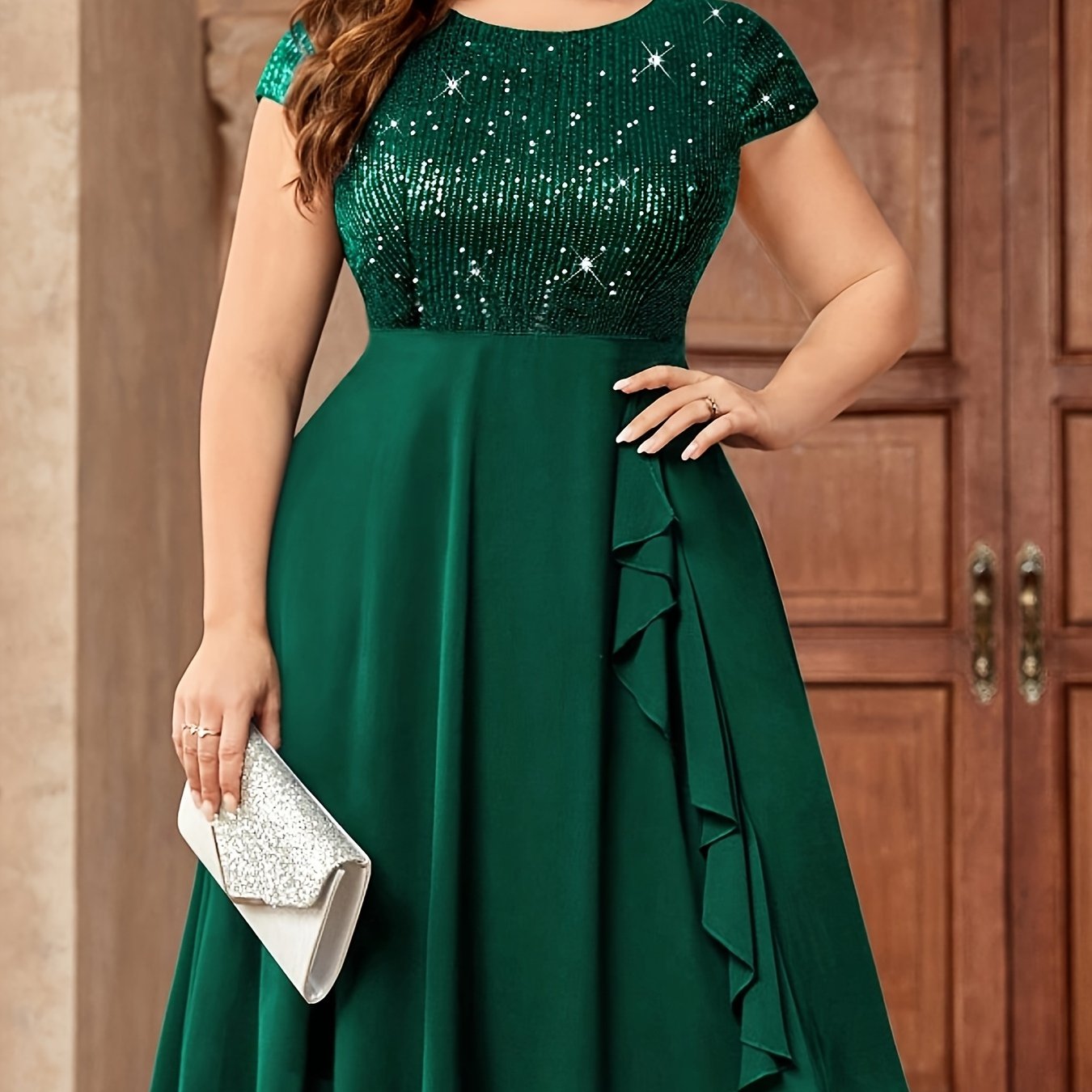 Women'S Plus-Size Chiffon Dress with Sequin Patchwork Party Dress Eid Dress