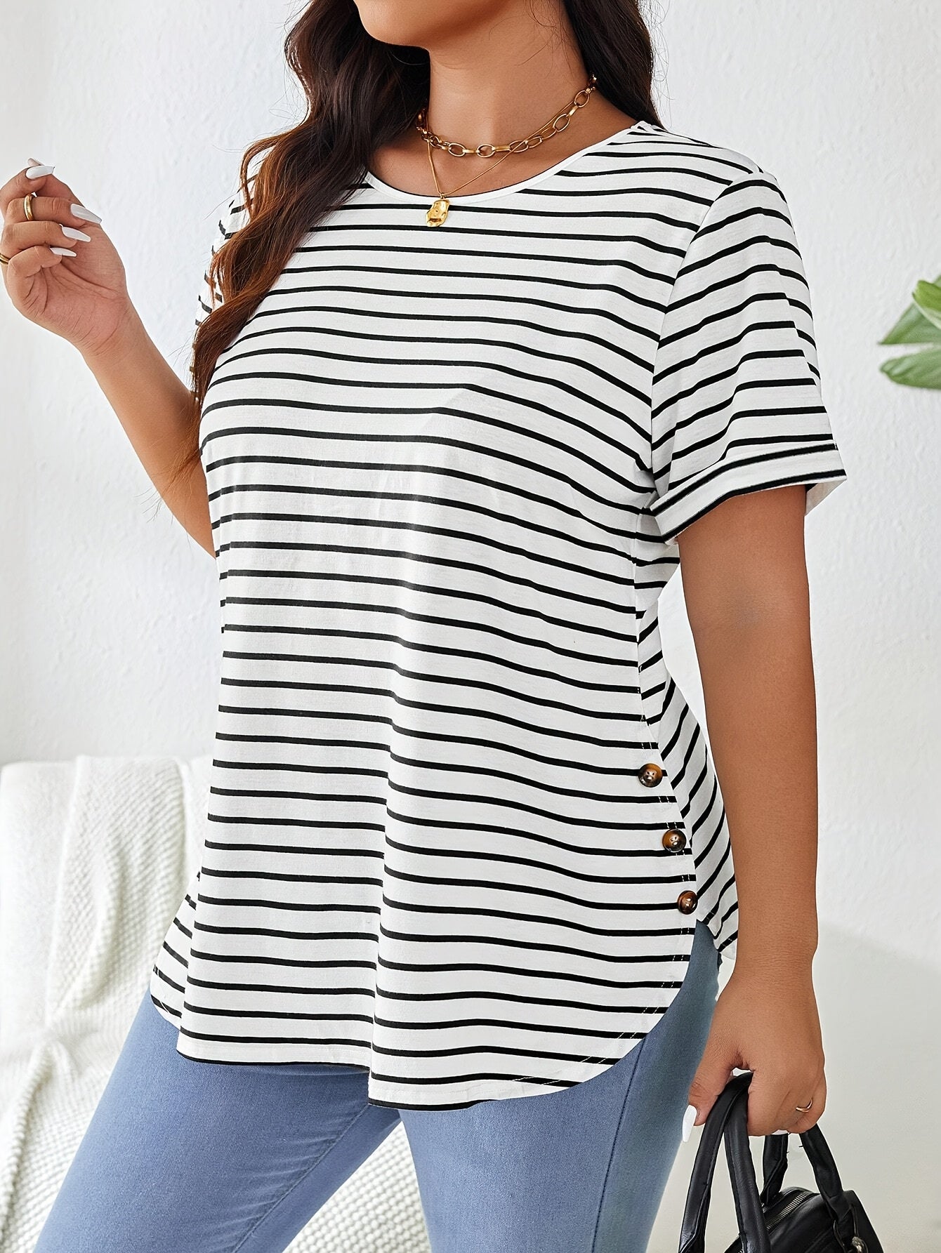 Plus Size Women's Elegant Striped Round Neck T-Shirt - Black & White Horizontal Stripes, Medium Stretch, Button Detail, Spring Summer Fall