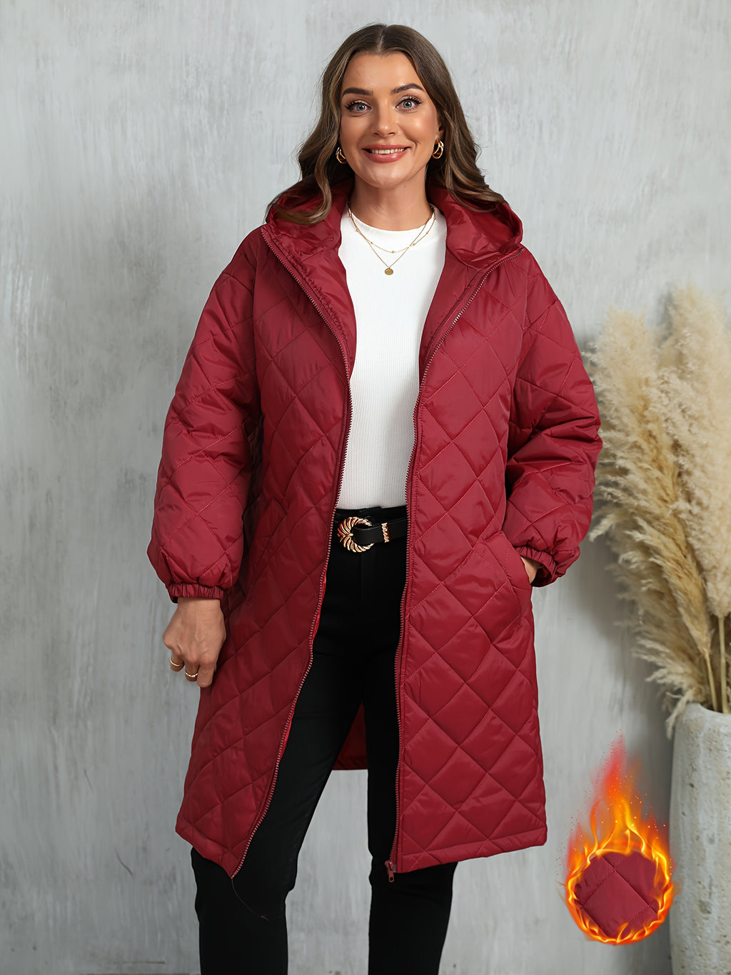 Plus Size, Women's Oversized Elegant Hooded Full-Zip Windproof Winter Coat - Heavy-Duty Warm