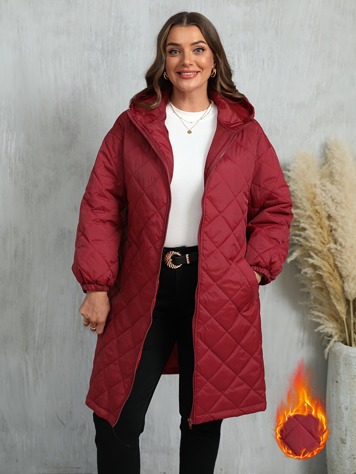 Plus Size, Women's Oversized Elegant Hooded Full-Zip Windproof Winter Coat - Heavy-Duty Warm