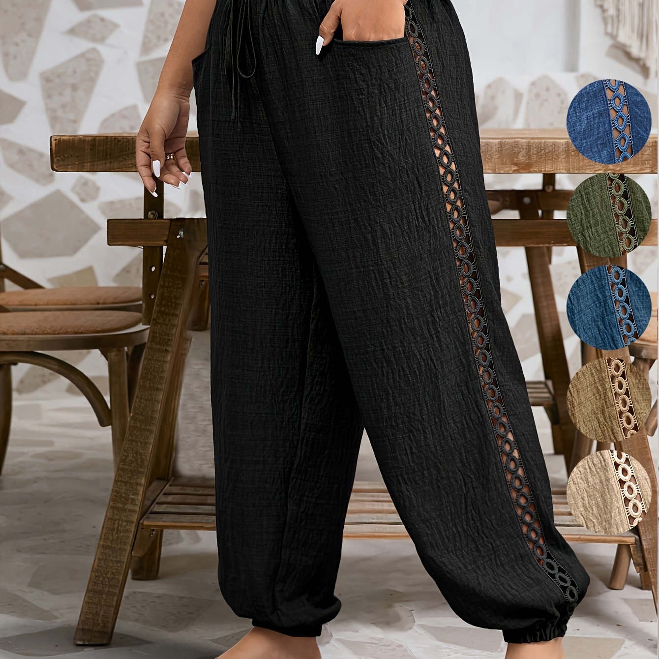 Women's Plus Size Casual Tapered Pants with Ruffle Detail