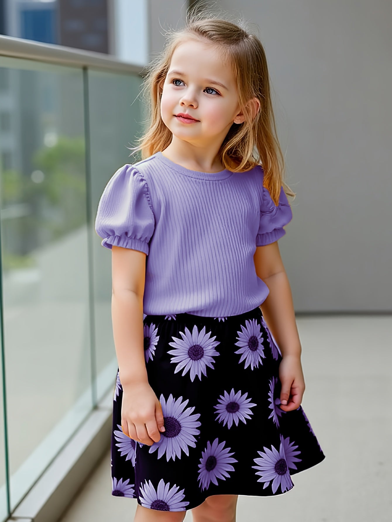 Girls' Sunflower Print Short Sleeve Top + Skirt Set