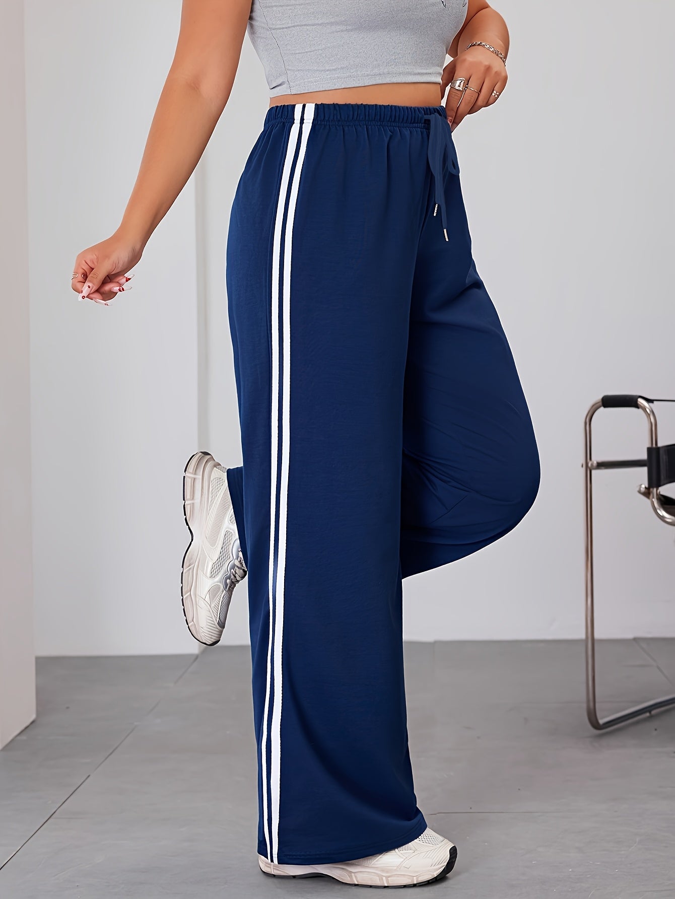Plus Size Wide Leg Pants with Side Stripes