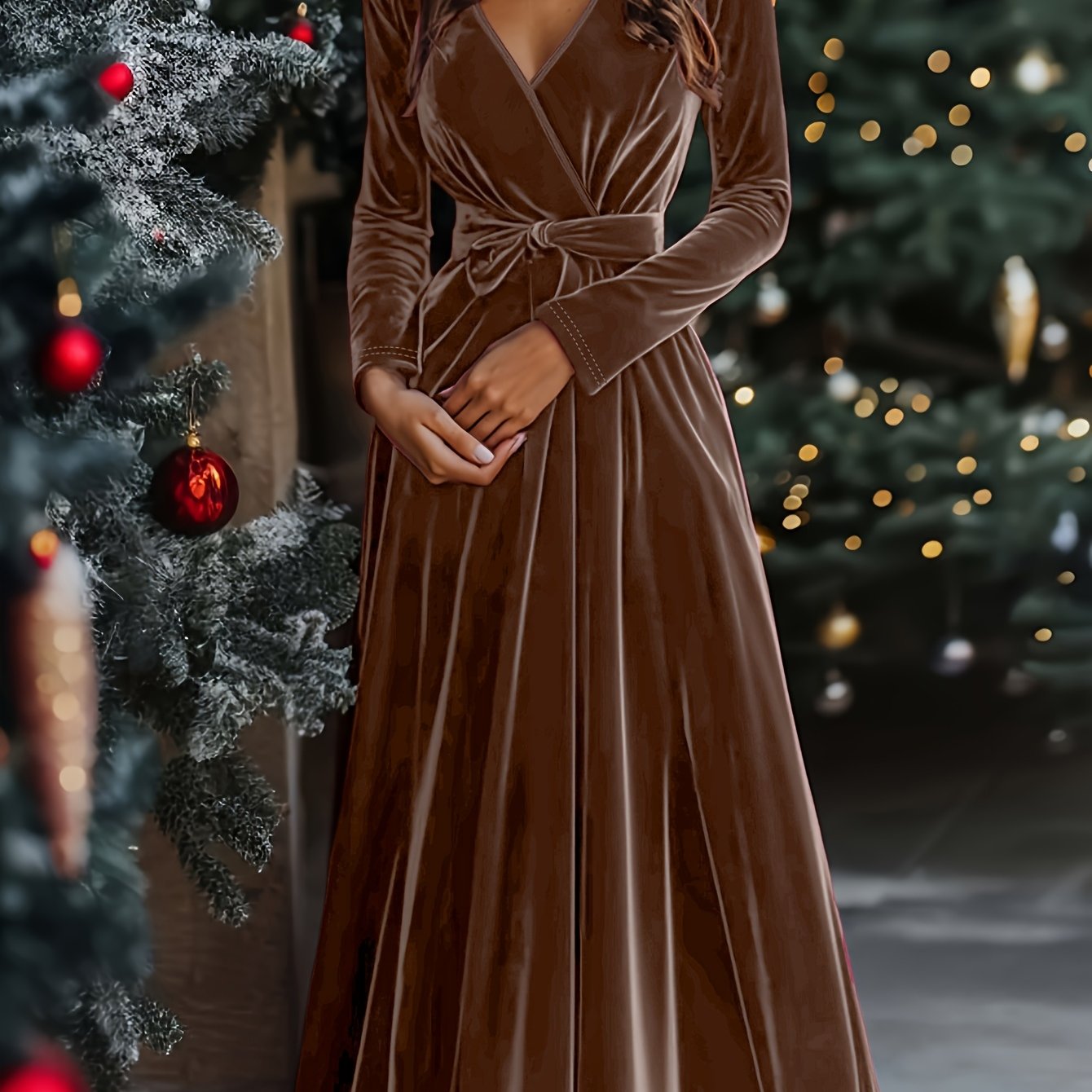 Women's Elegant Long Vintage V-Neck Dress with Belted Bow Christmas Day and all Party