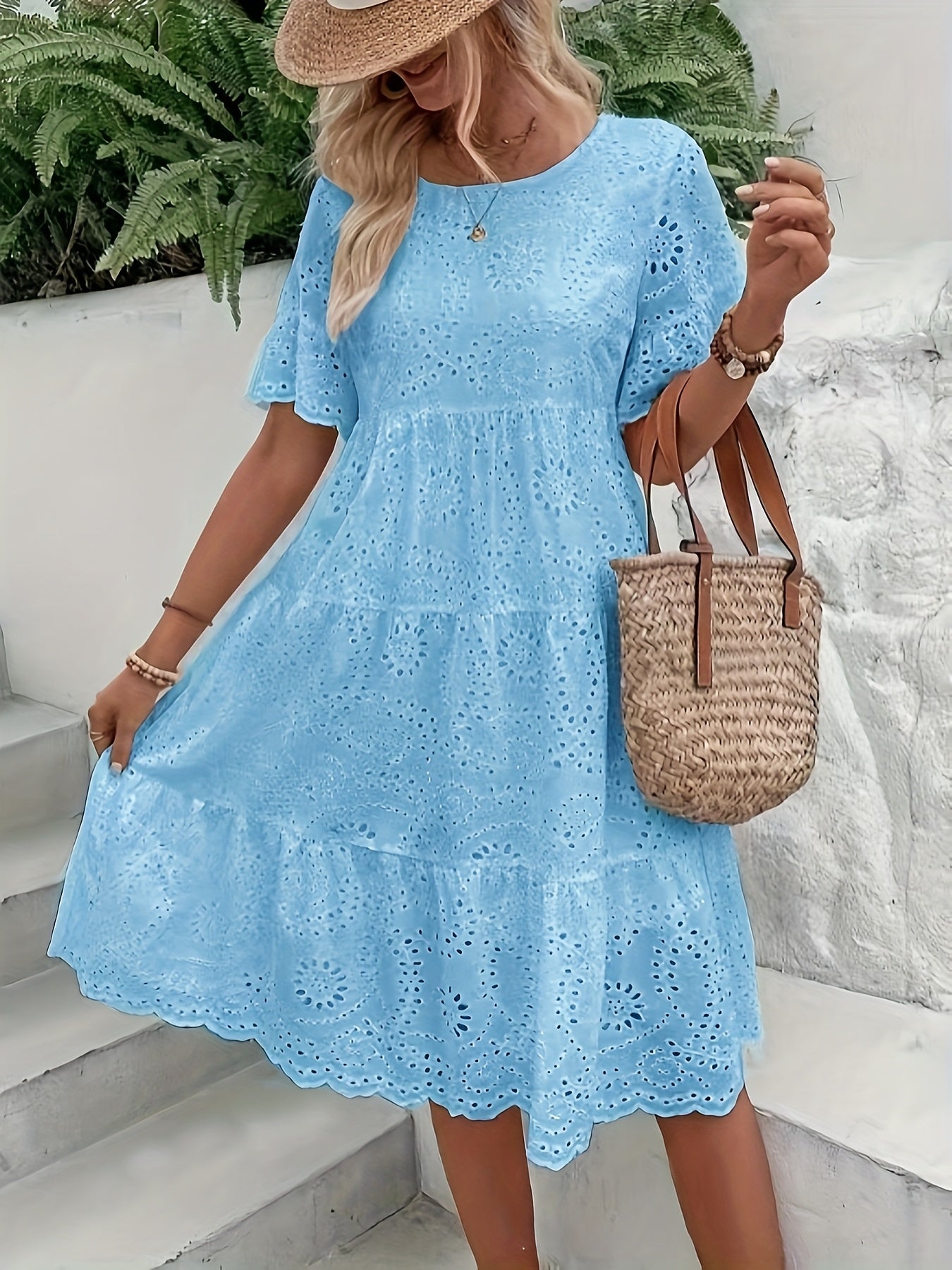 Solid Color Embroidered Lace Dress