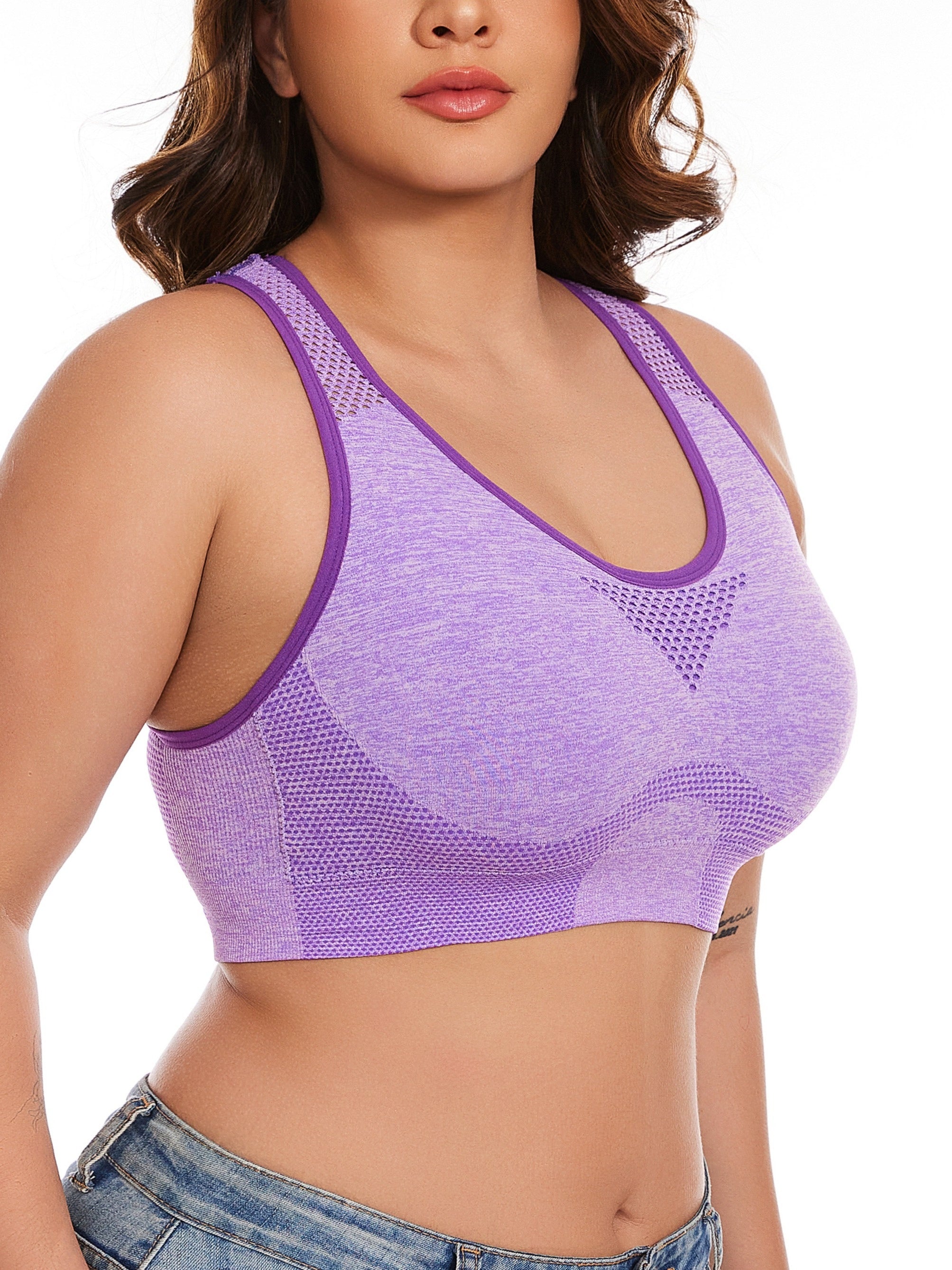 3pcs Plus Size Sports Bras, Polyamide Blend, Hollow Mesh Design, Low Support, Removable Padding, Crew Neck, Medium Stretch, Knit Fabric,