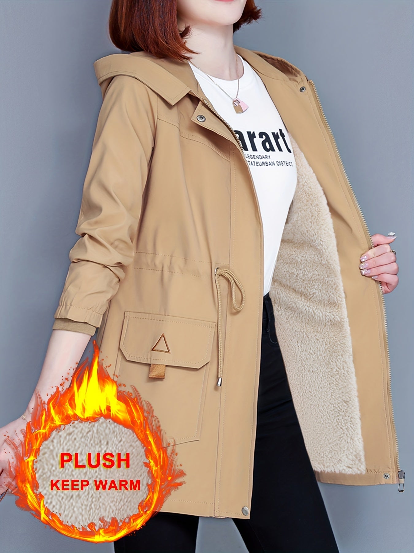 Kesixsty Women's Mid-Length Hooded Windbreaker Jacket with Plush Lining