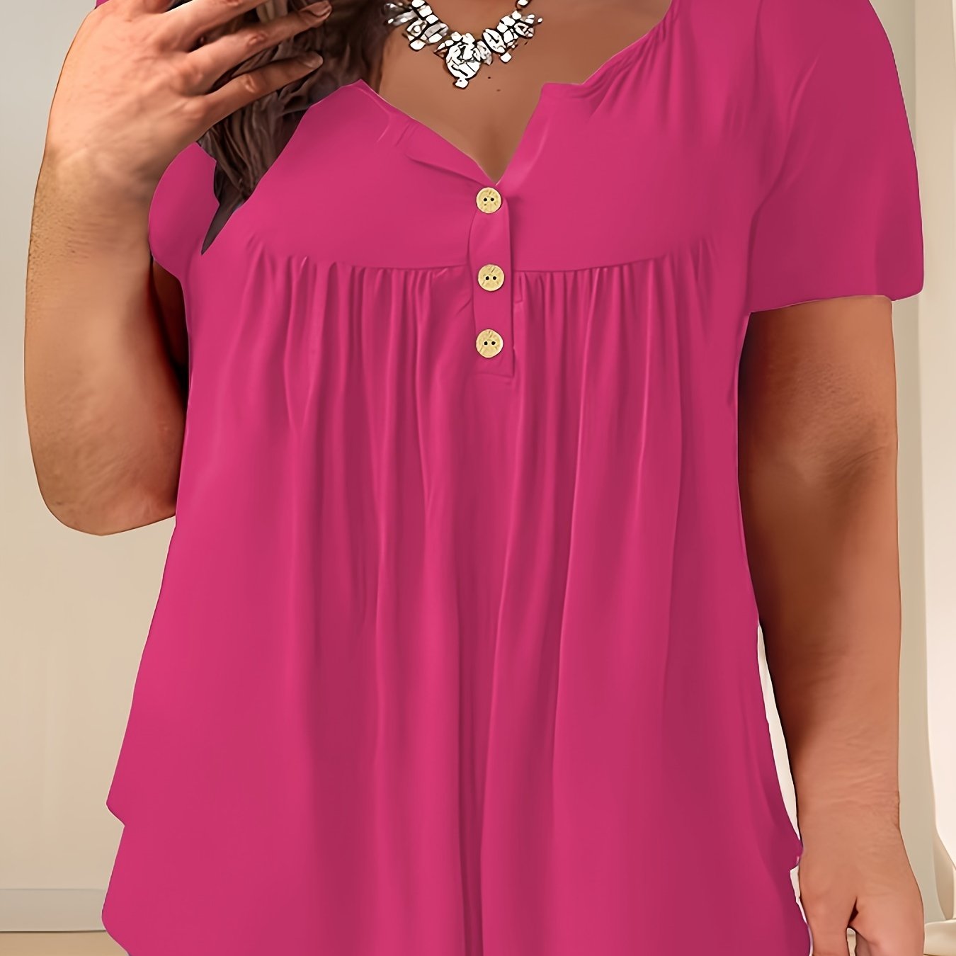 Women'S Plus Size Casual Buttoned Pleated T-Shirt, Summer Knit Fabric Top, Crew Neck, Solid Color, Slight Stretch, Oversized Pullovers,
