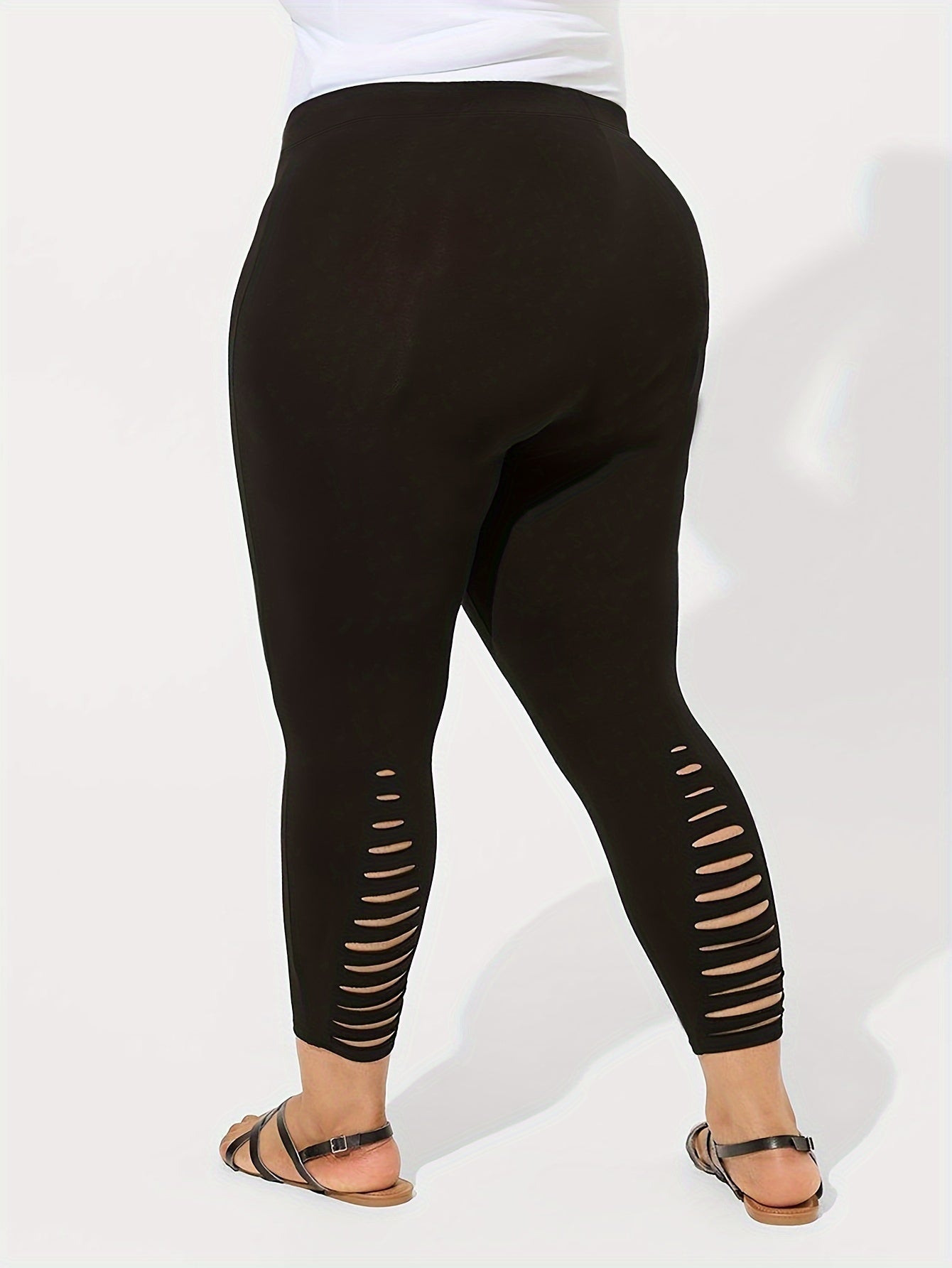 Plus Size High-Waisted Skinny Pants with Rear Hem Ripped Details