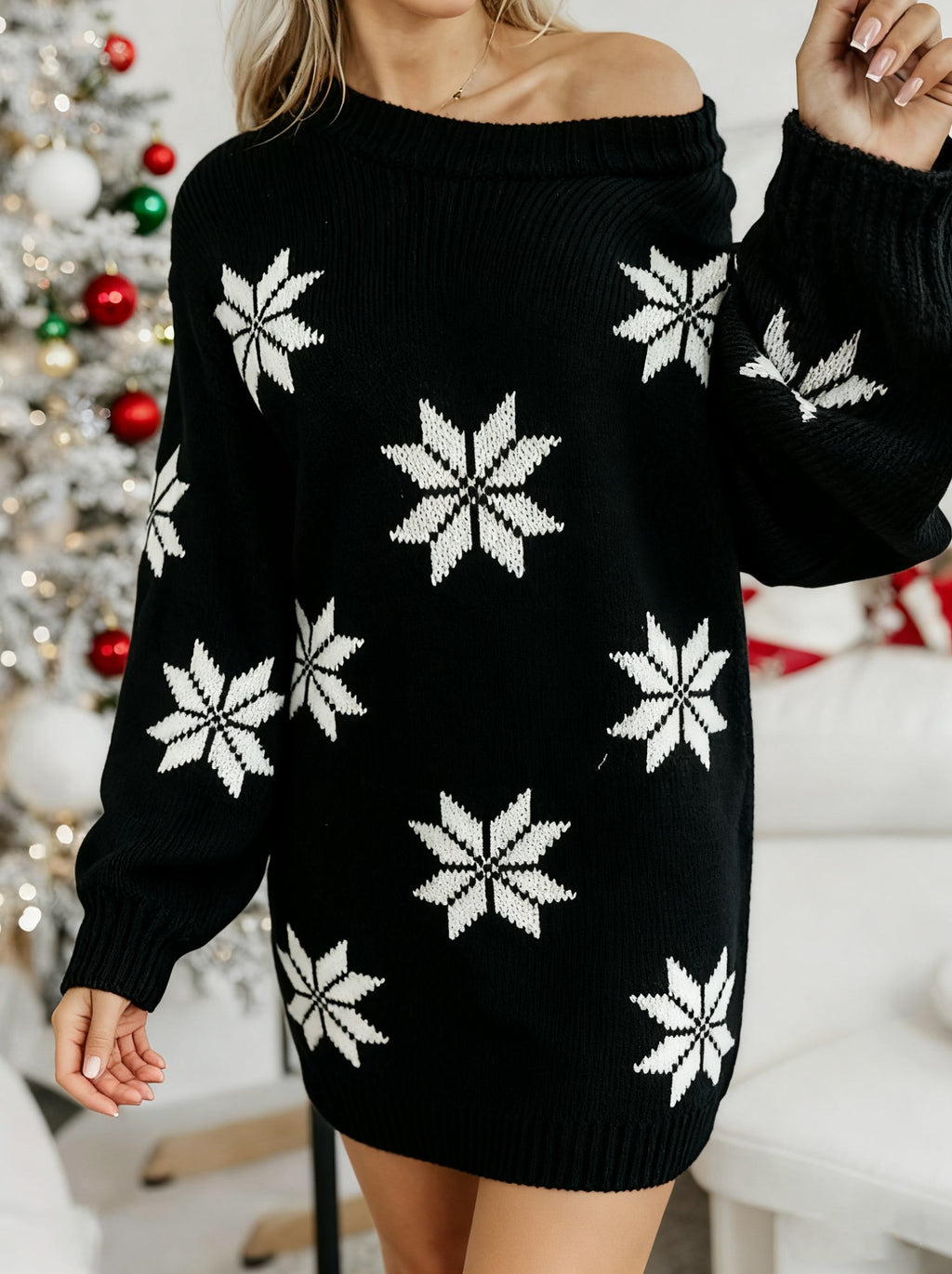 Red & White Snowflake Winter Dress Christmas Day Loose-Fit Poinsettia Smock Sleeve Mid-Length Dress