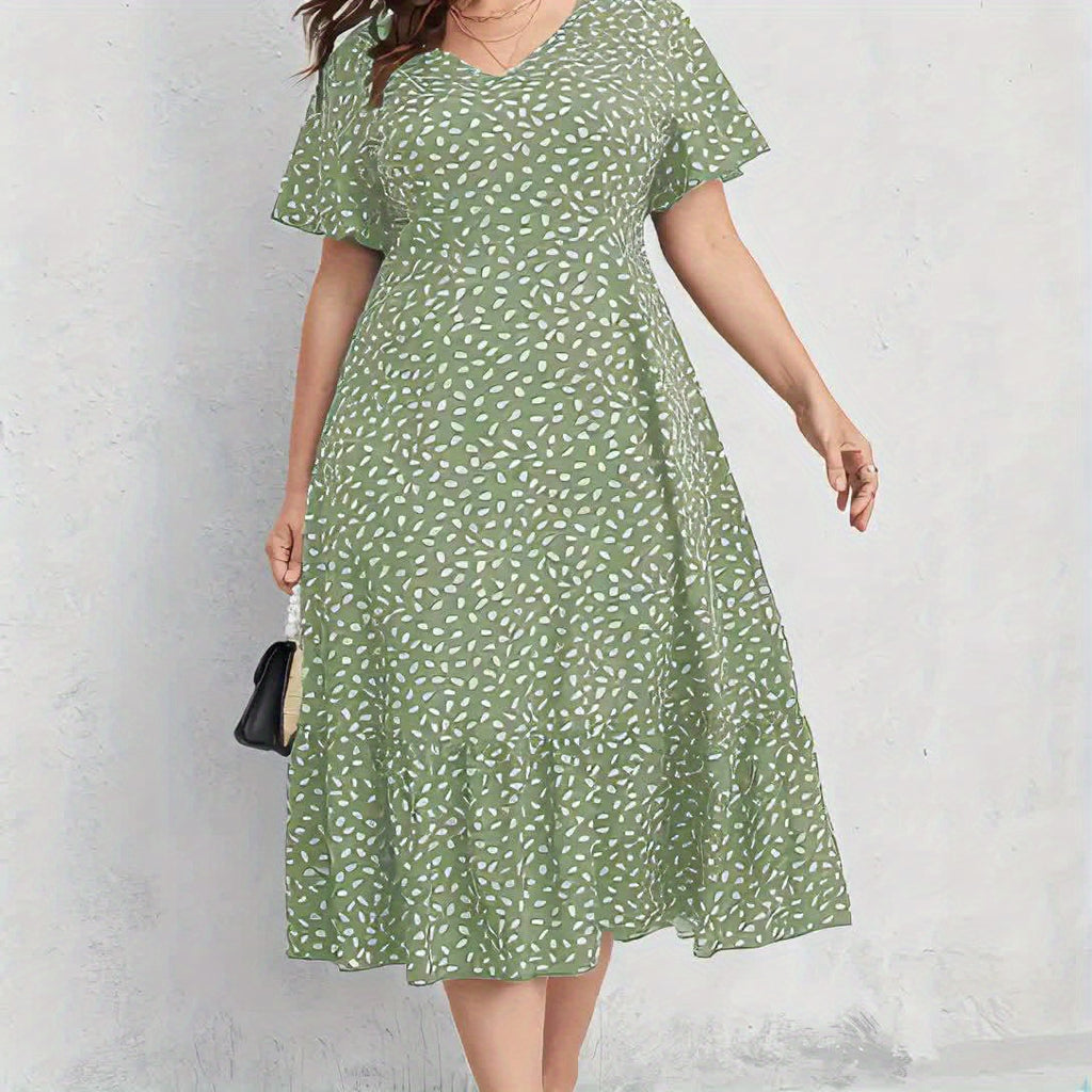 Women'S Plus Size Green Floral Print Dress - Short Sleeve