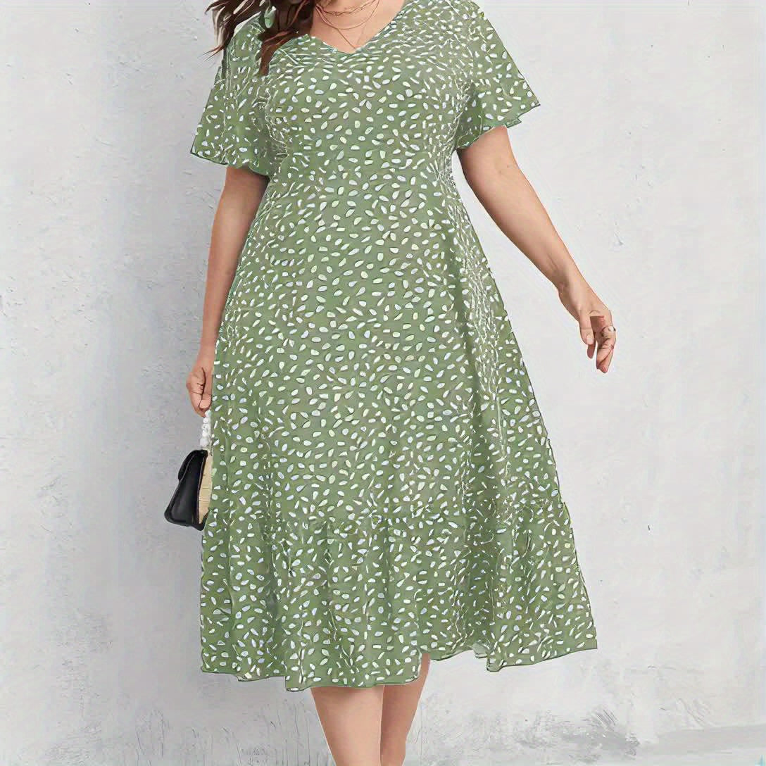 Women'S Plus Size Green Floral Print Dress - Short Sleeve