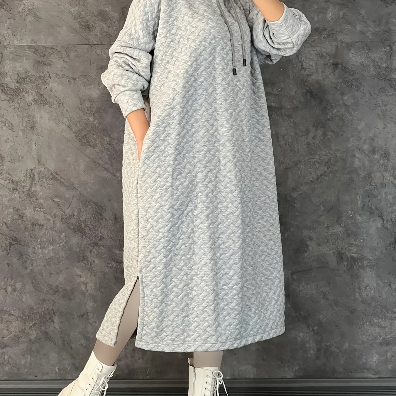 Women's Casual Hooded Long Sleeve Dress with Pockets - Solid Color