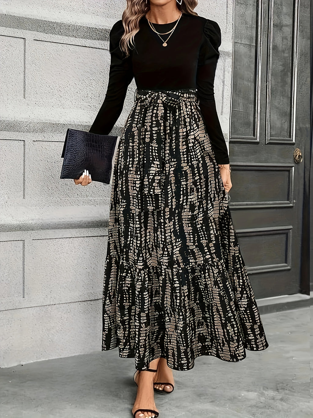 Women's Elegant Bubble Long Sleeve Midi Dress with Adjustable Waist Belt