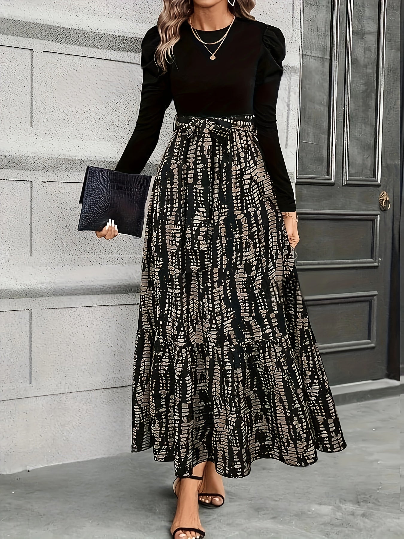 Women's Elegant Bubble Long Sleeve Midi Dress with Adjustable Waist Belt