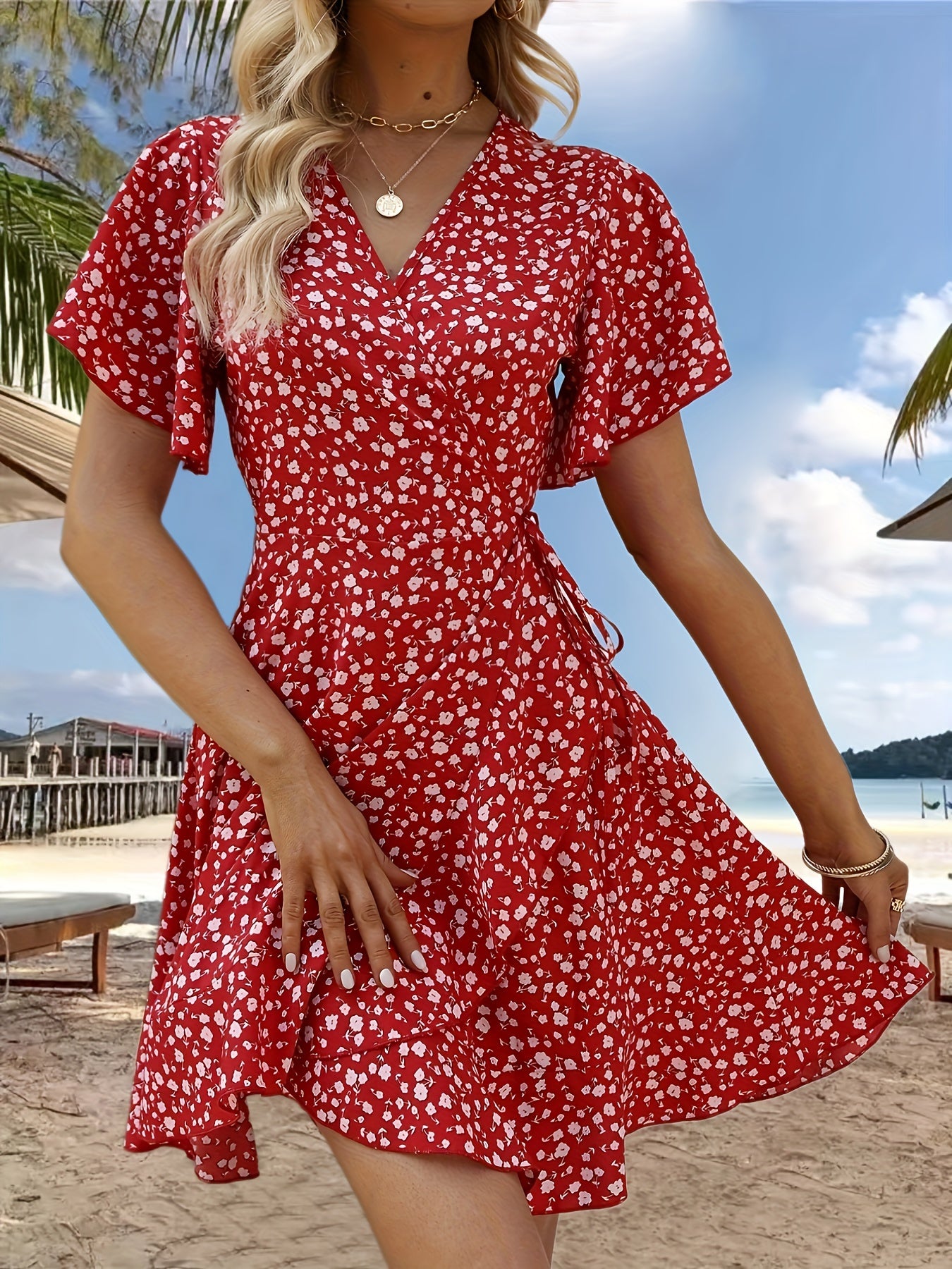 Cross Neck Ruffled Sleeve Dress