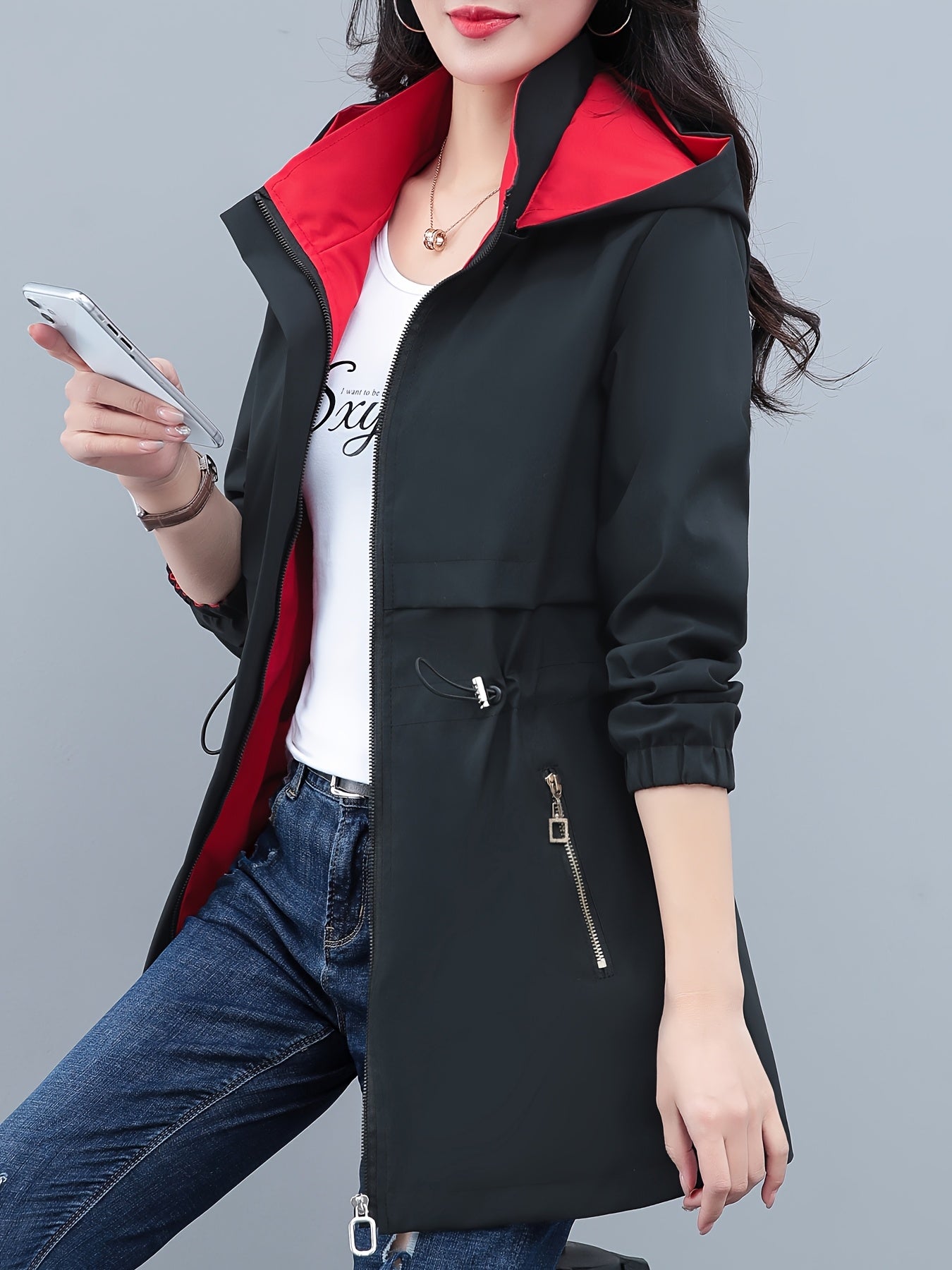 Women's Reversible Long Sleeve Windbreaker Jacket, Fit, Detachable Hood & Zipper Closure