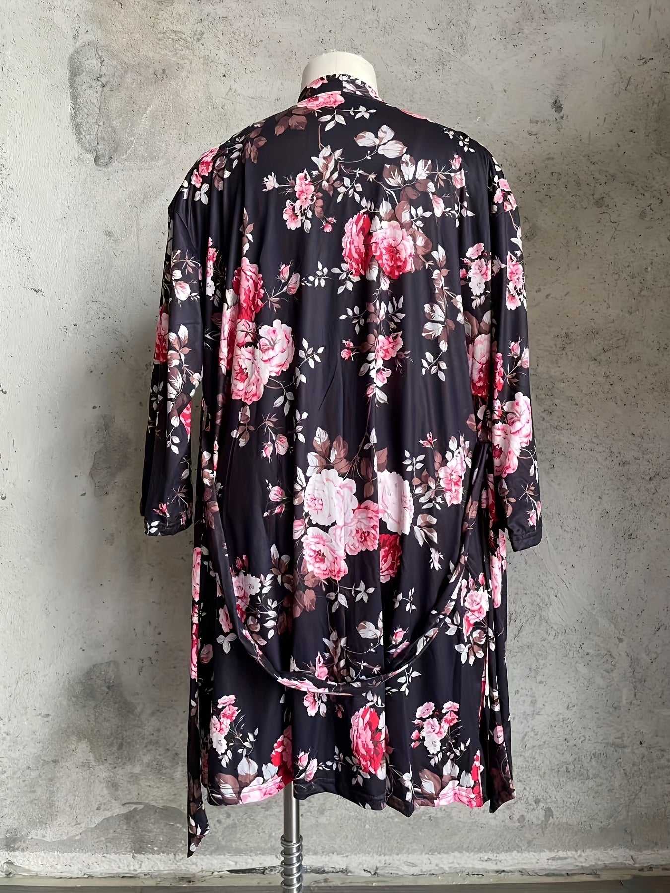 Plus Size Floral Print Sexy Lace Trim Camisole Nightgown with a Matching Tie Robe, a Two-Piece Sleepwear Set.