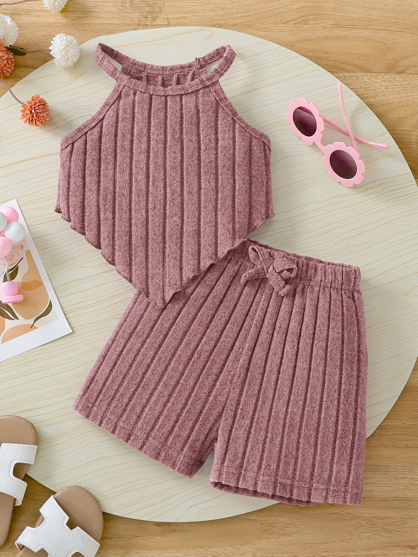 2pcs Summer Girls' Solid Color Crop Top and Bow-Decorated Striped Pants Set