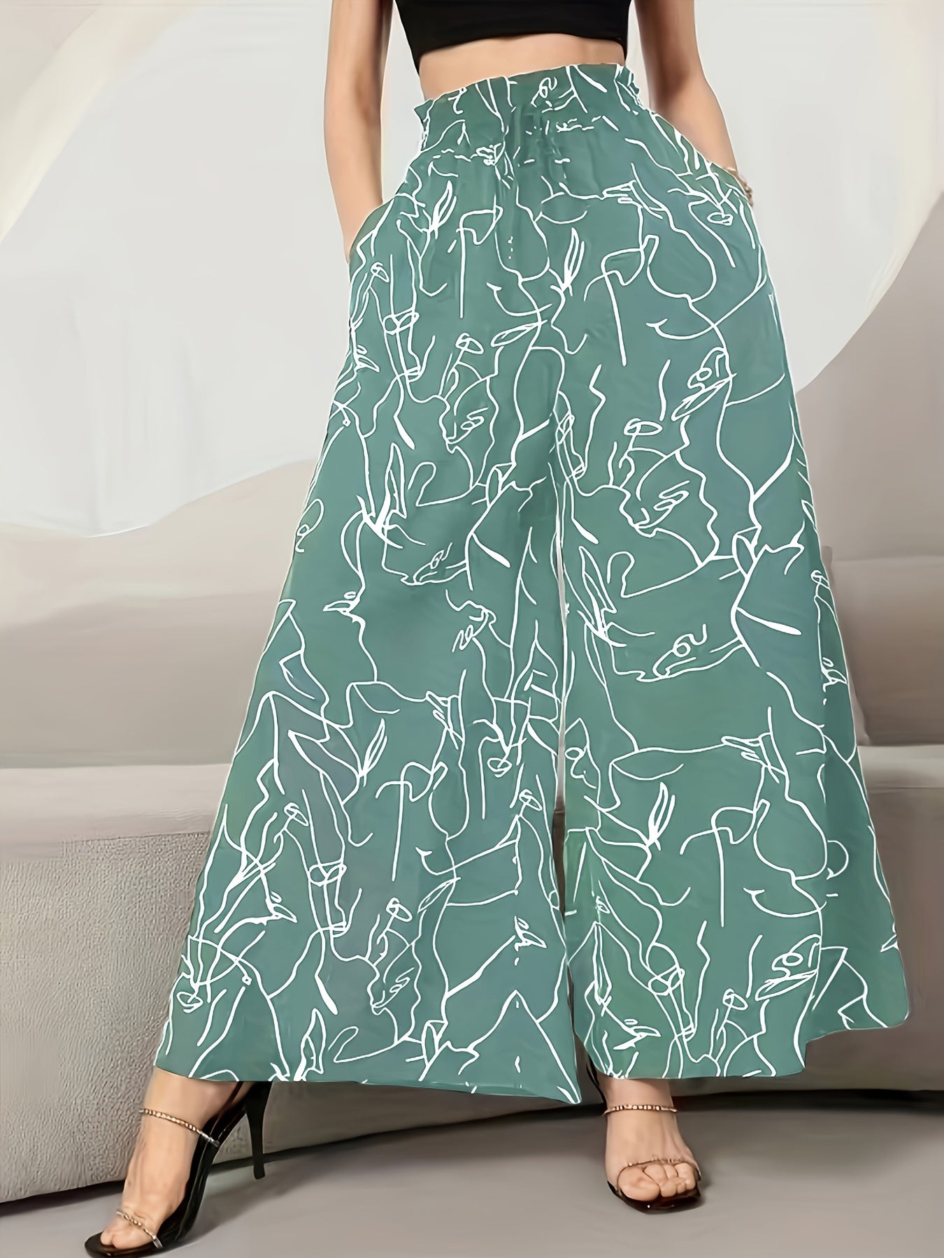 Elegant Wide Leg Pants with Pockets, Loose Drawstring, Popular