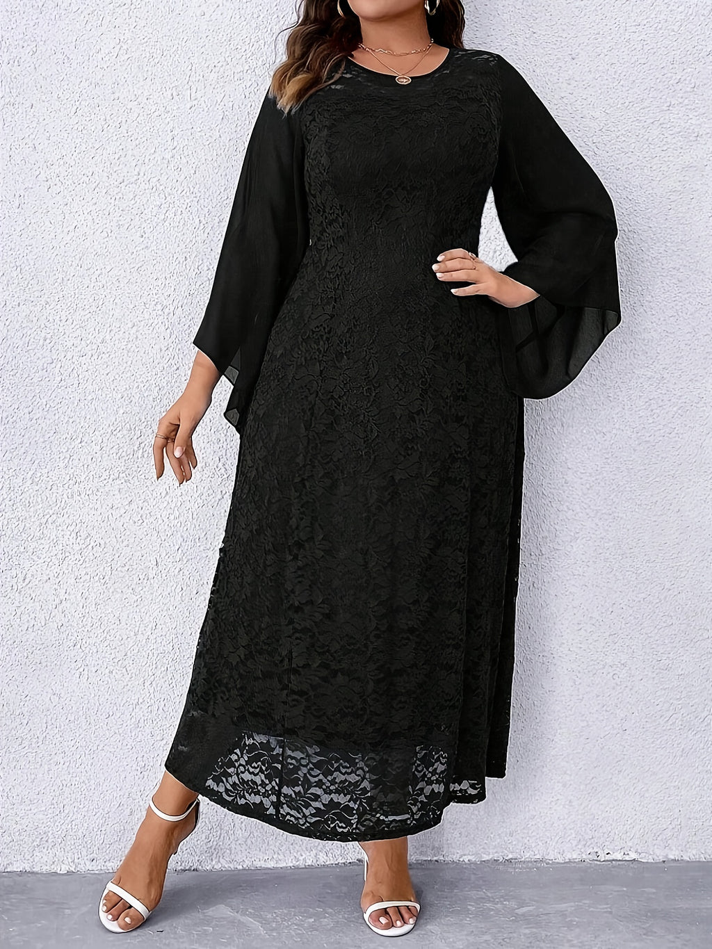 Women's Elegant Navy Blue Lace Dress - Formal to Casual Wedding Party Outfit with Long Flowing sleeves