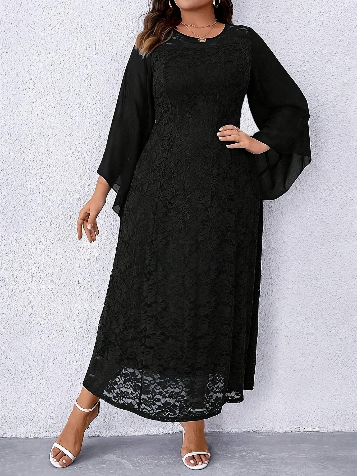 Women's Elegant Navy Blue Lace Dress - Formal to Casual Wedding Party Outfit with Long Flowing sleeves