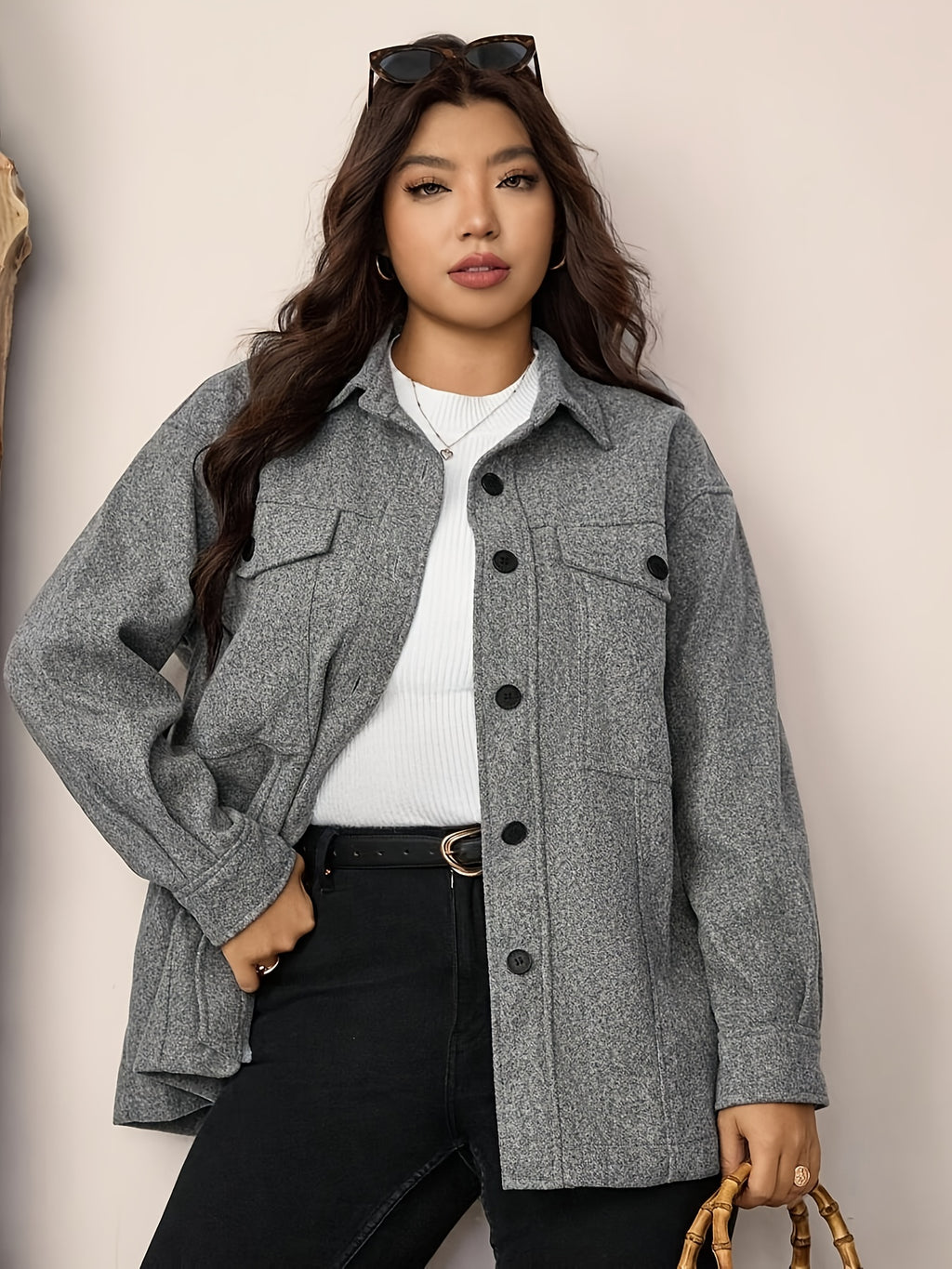 Plus Size Women's Casual Drop Shoulder Flap Pocket Shirt Mid-Weight