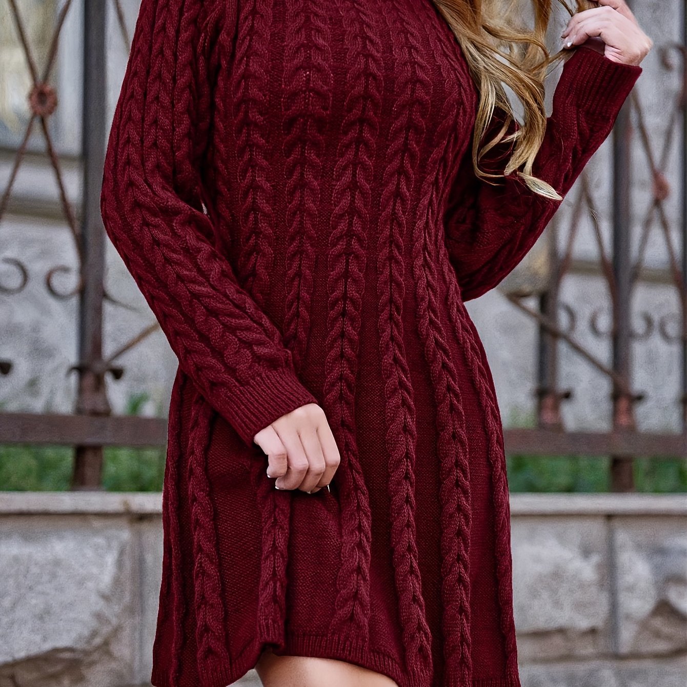 Women's Elegant Sweater Dress - Long Sleeve Round Neck Solid Color Sweater Dress