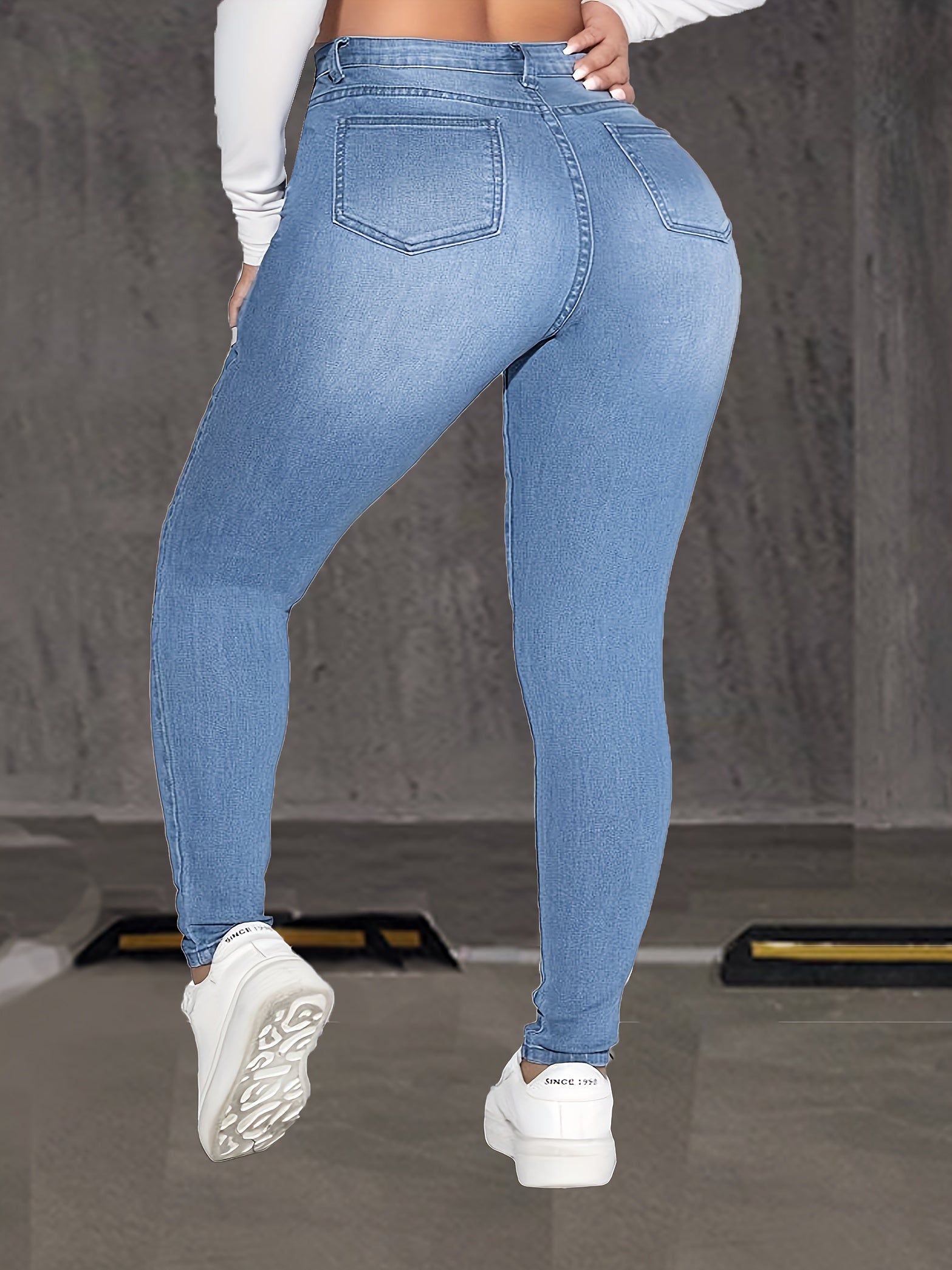 Women's Plus Size Light Blue Distressed Stretch Skinny Jeans - High-Waisted, Button Closure